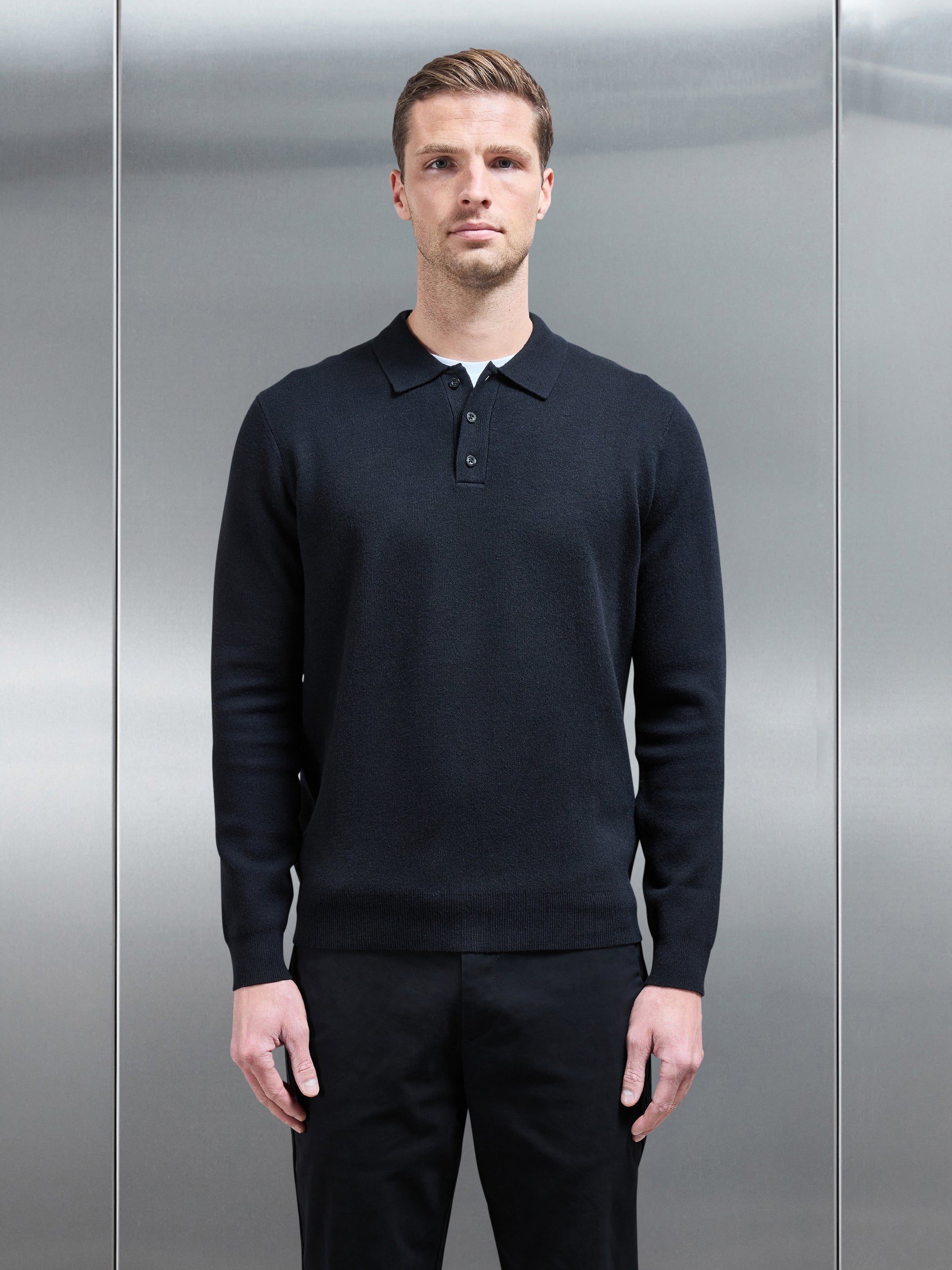Chunky Knitted Polo Shirt in Black