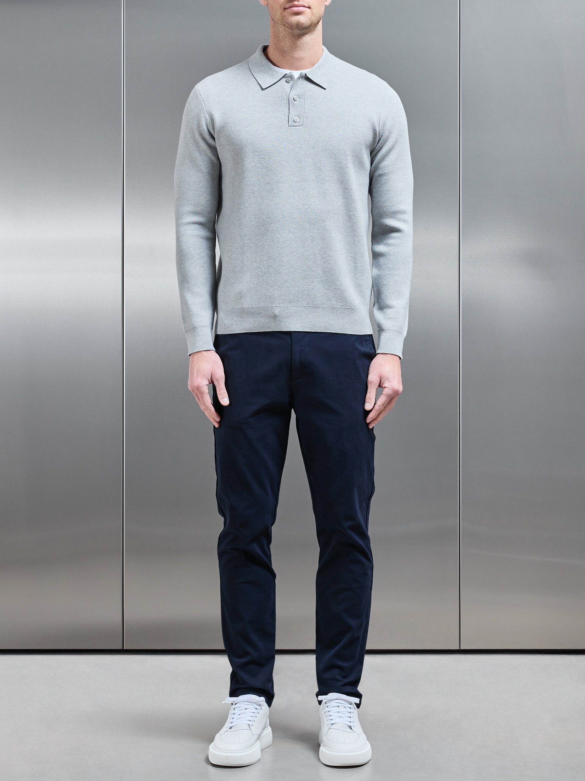 Chunky Knitted Polo Shirt in Marl Grey