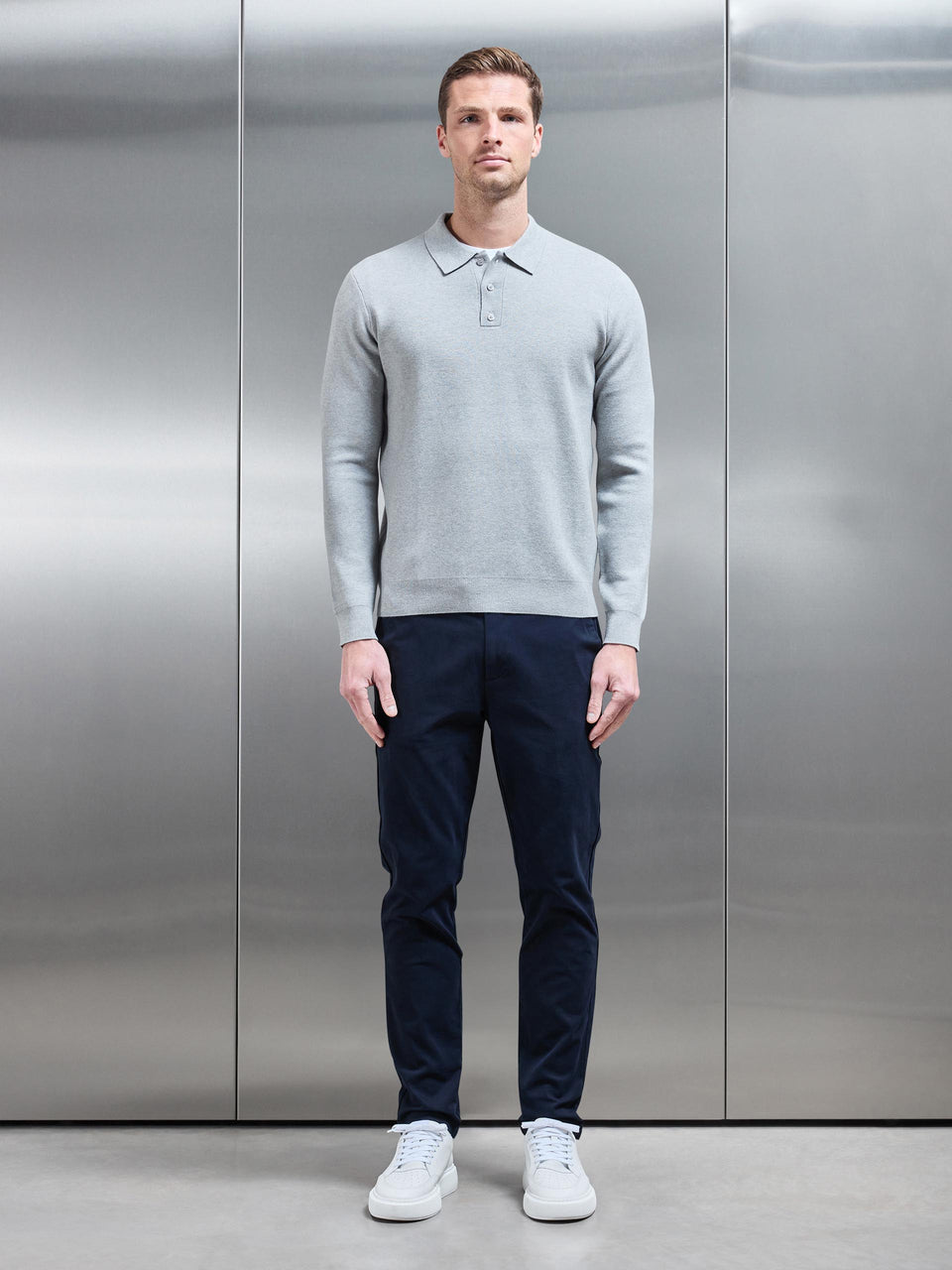 Chunky Knitted Polo Shirt in Marl Grey