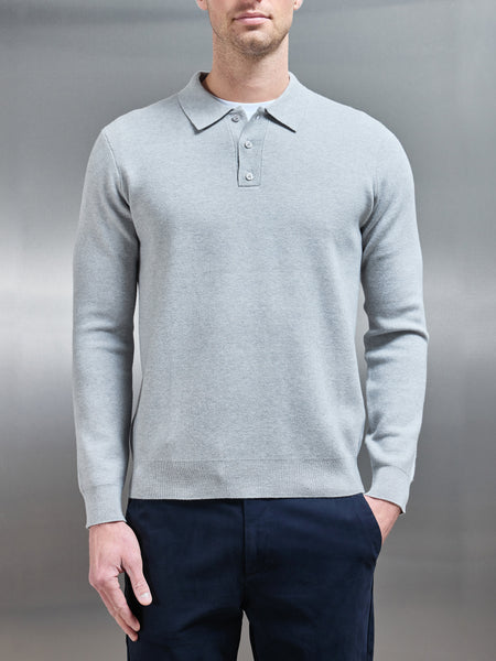 Chunky Knitted Polo Shirt in Marl Grey