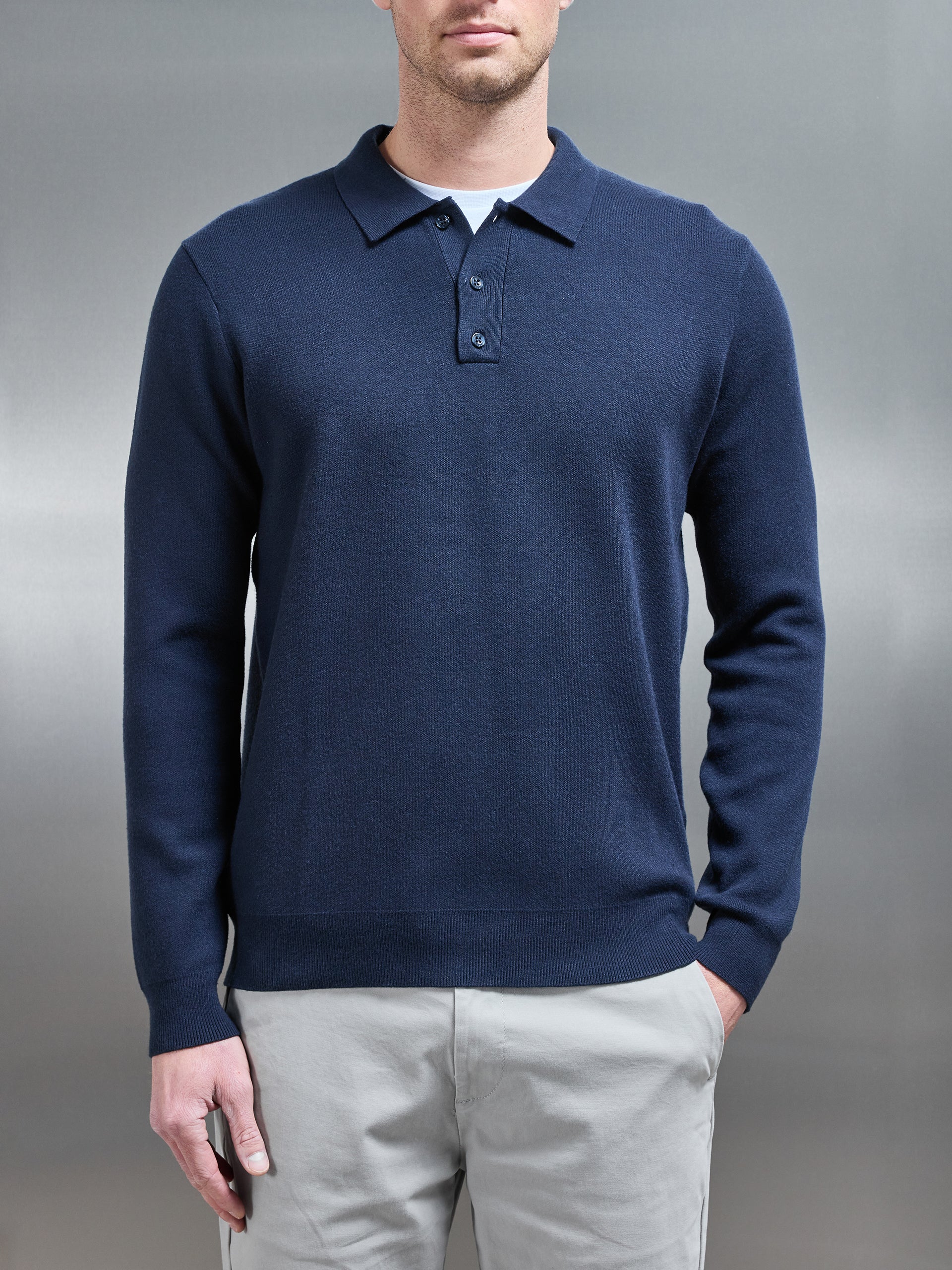 Chunky Knitted Polo Shirt in Navy