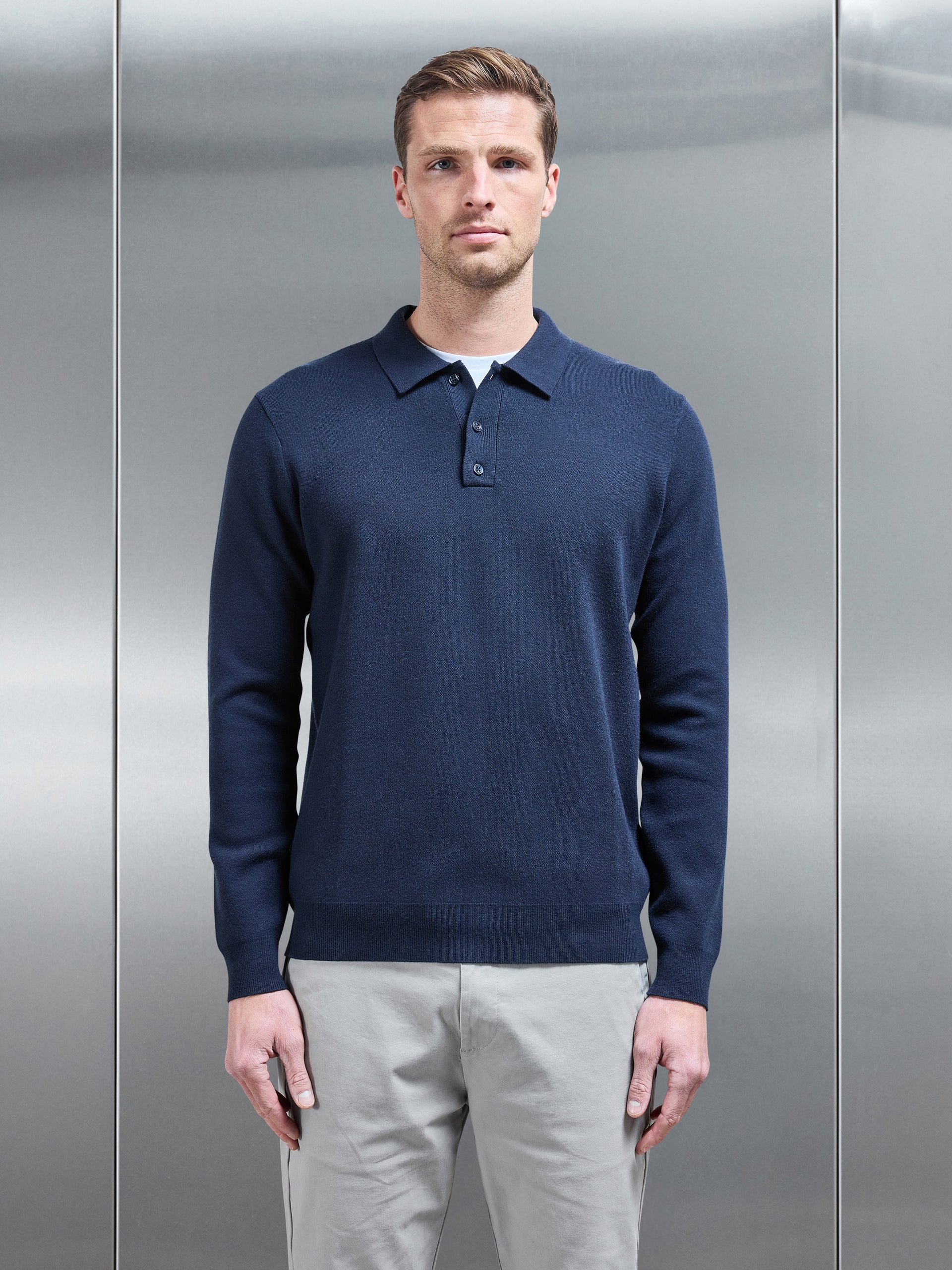 Chunky Knitted Polo Shirt in Navy