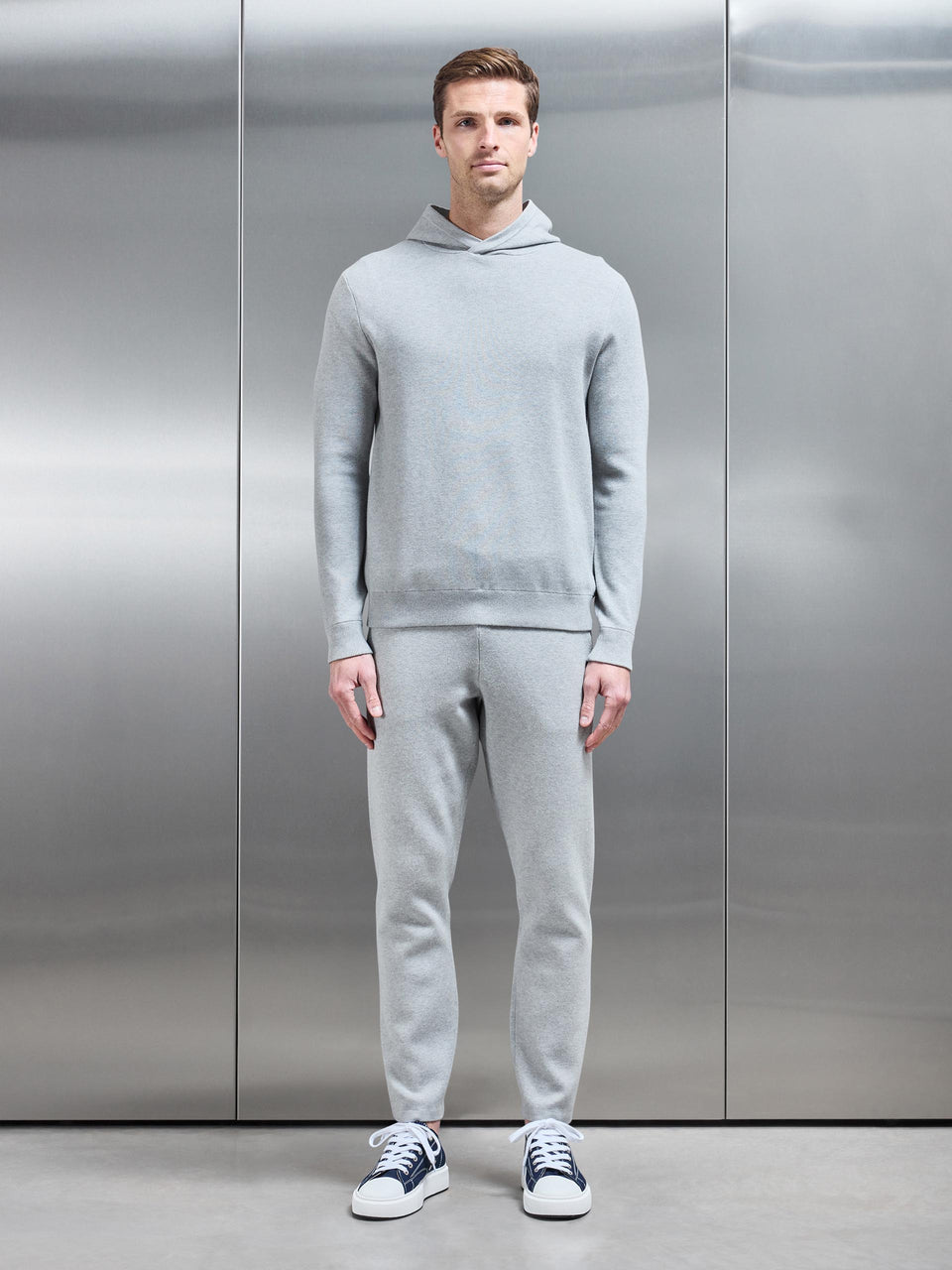 Chunky Knitted Pull Over Hoodie in Marl Grey