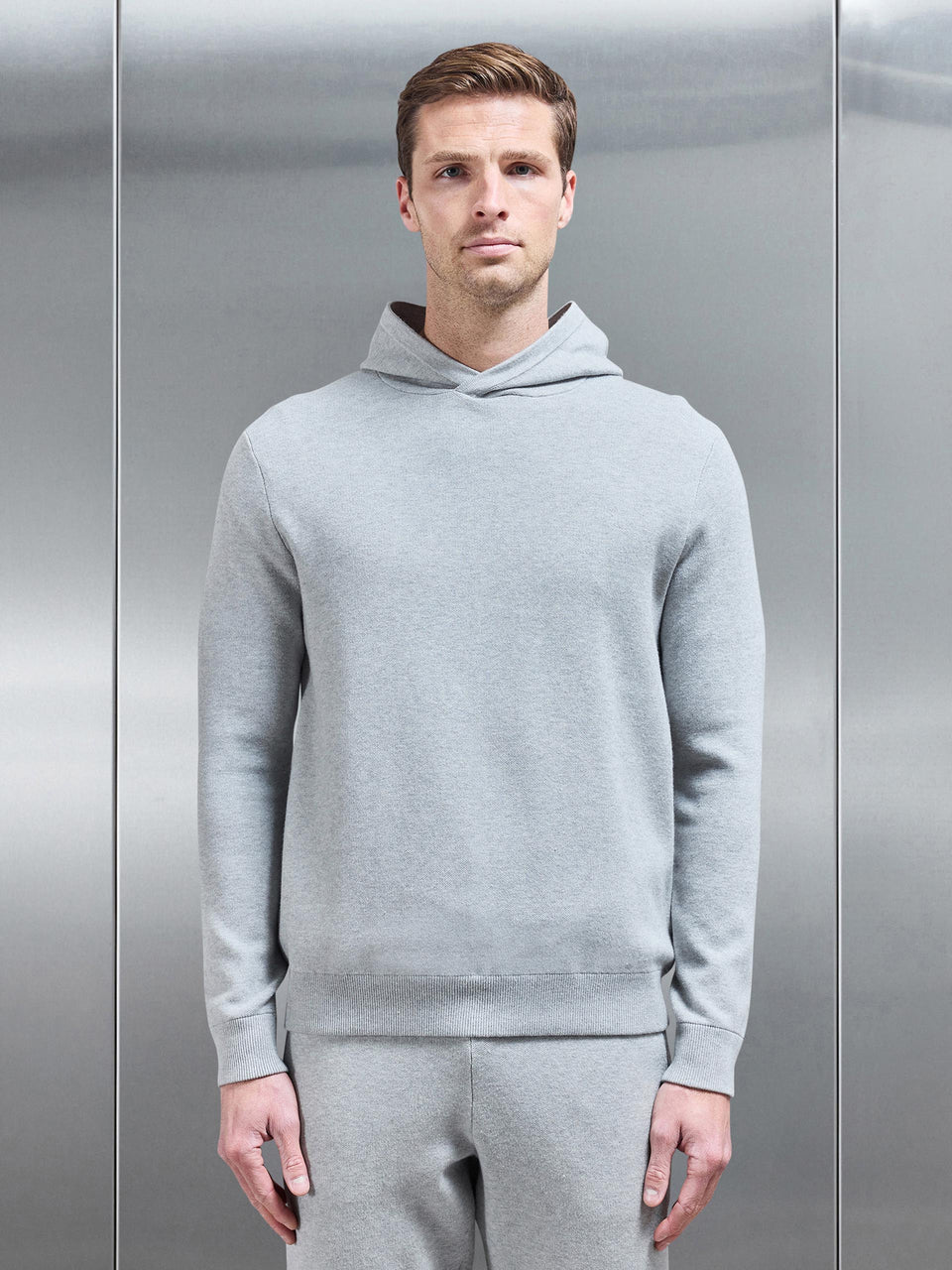 Chunky Knitted Pull Over Hoodie in Marl Grey