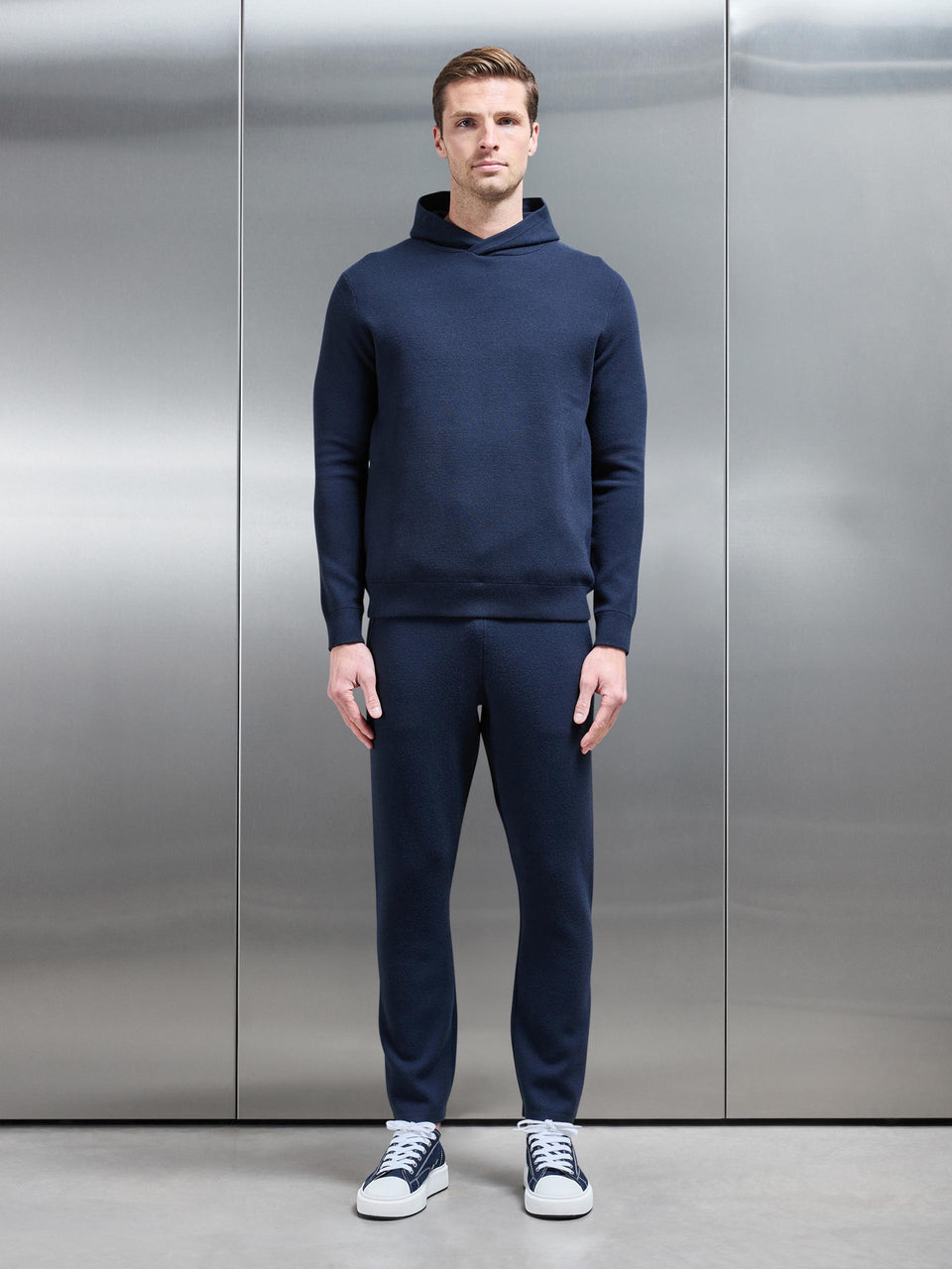 Chunky Knitted Pull Over Hoodie in Navy