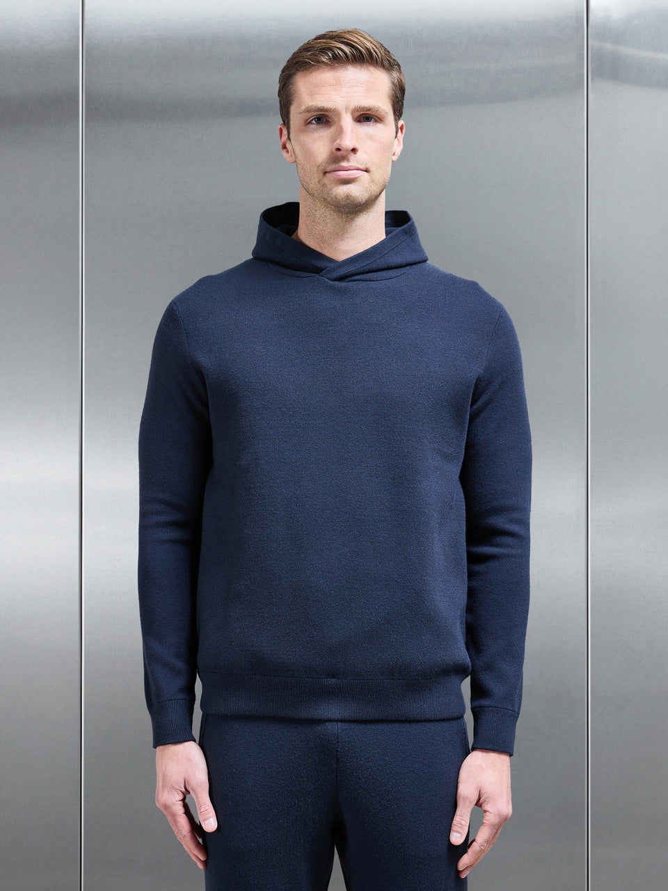 Chunky Knitted Pull Over Hoodie in Navy
