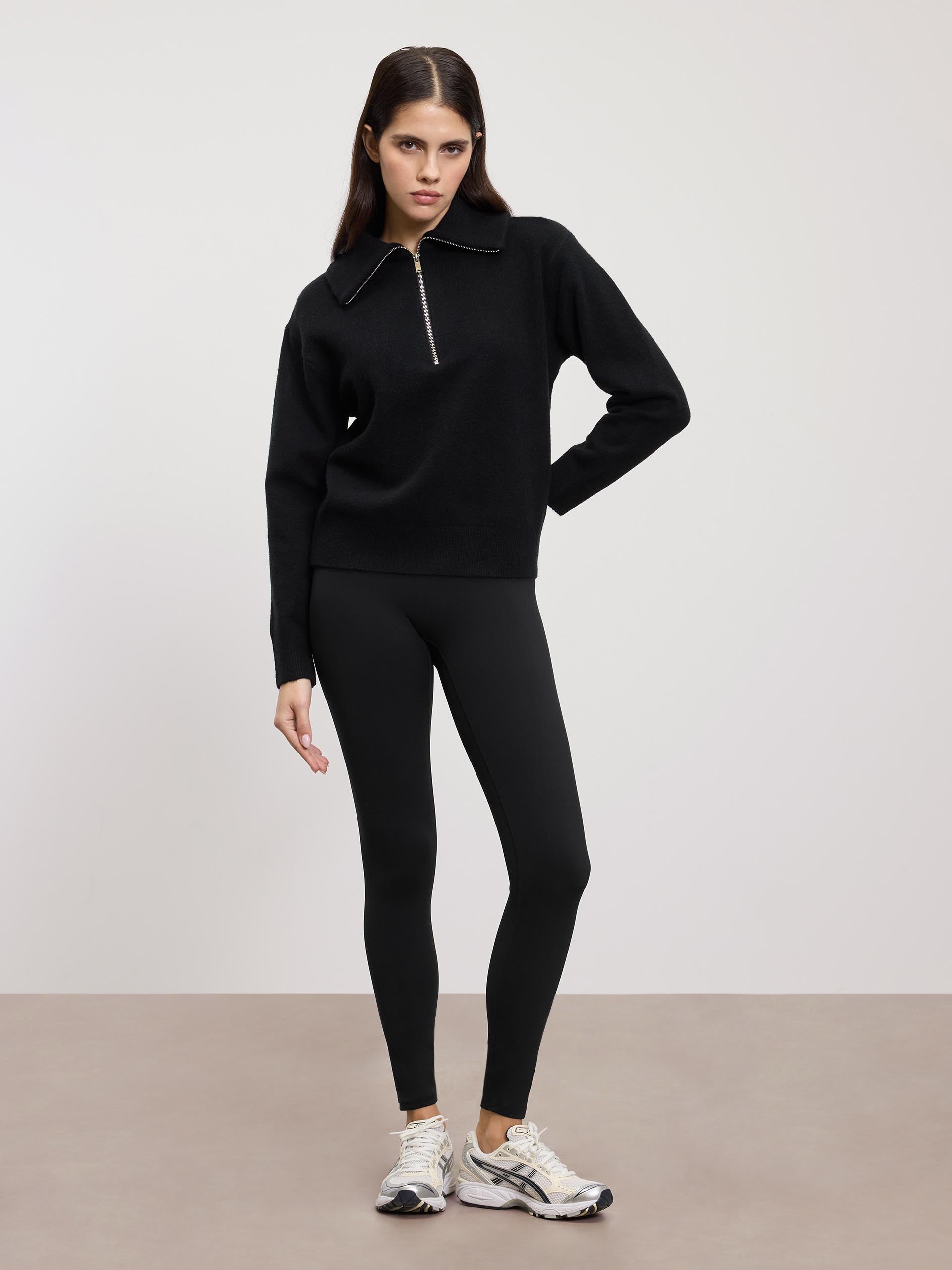 Womens Chunky Wool Half Zip in Black