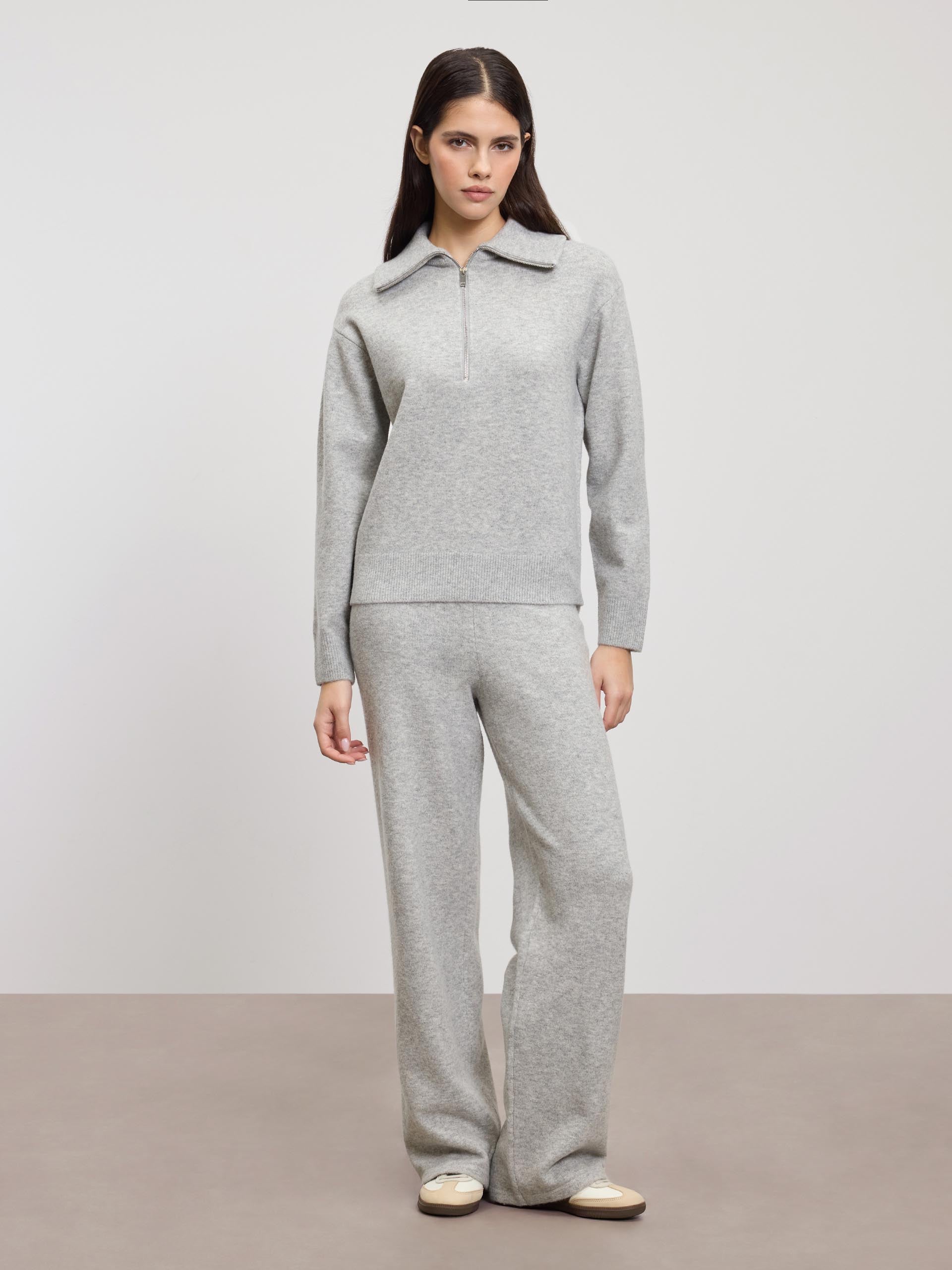 Womens Chunky Wool Half Zip in Grey Marl