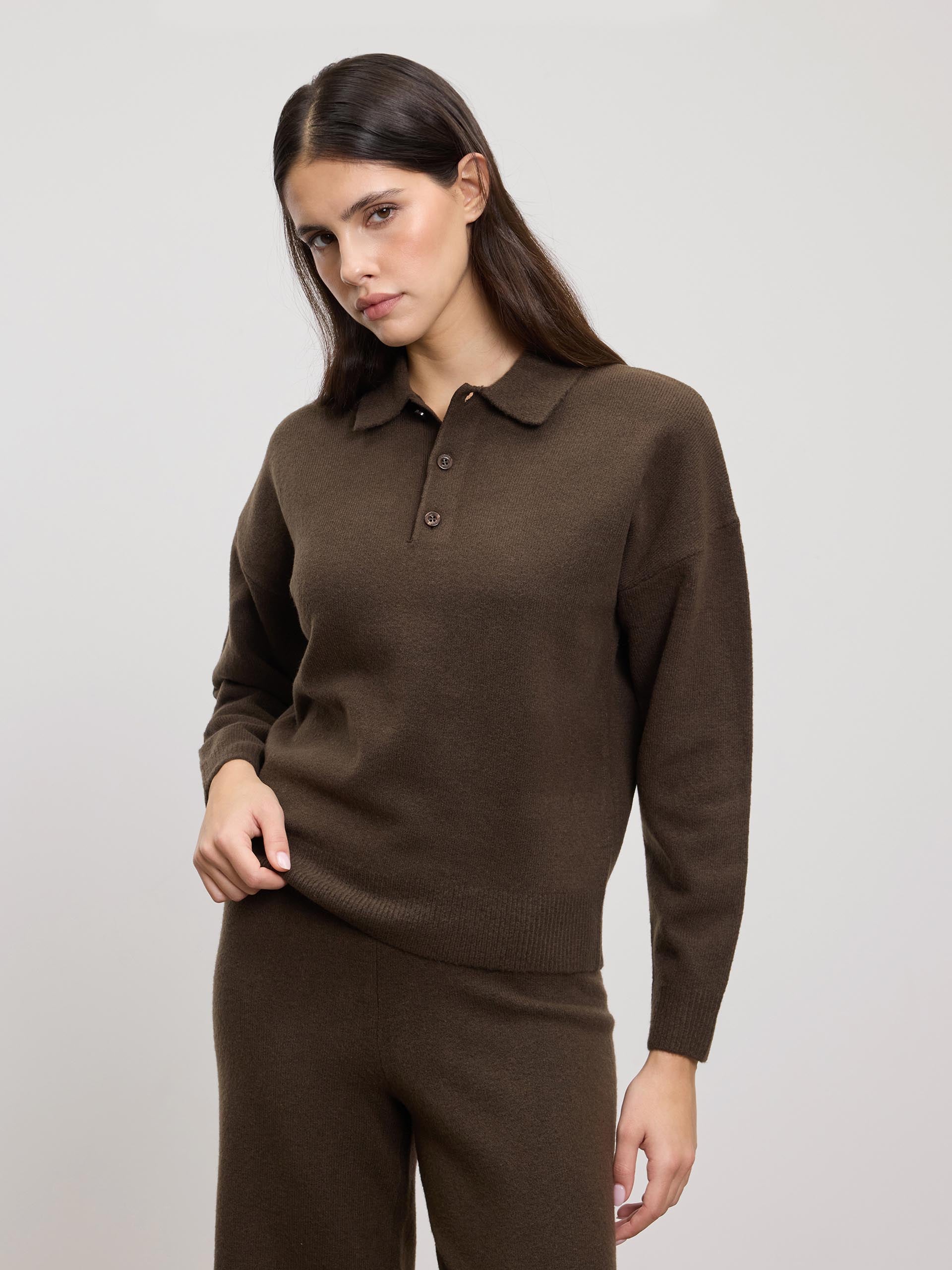 Womens Chunky Wool Polo Shirt in Brown
