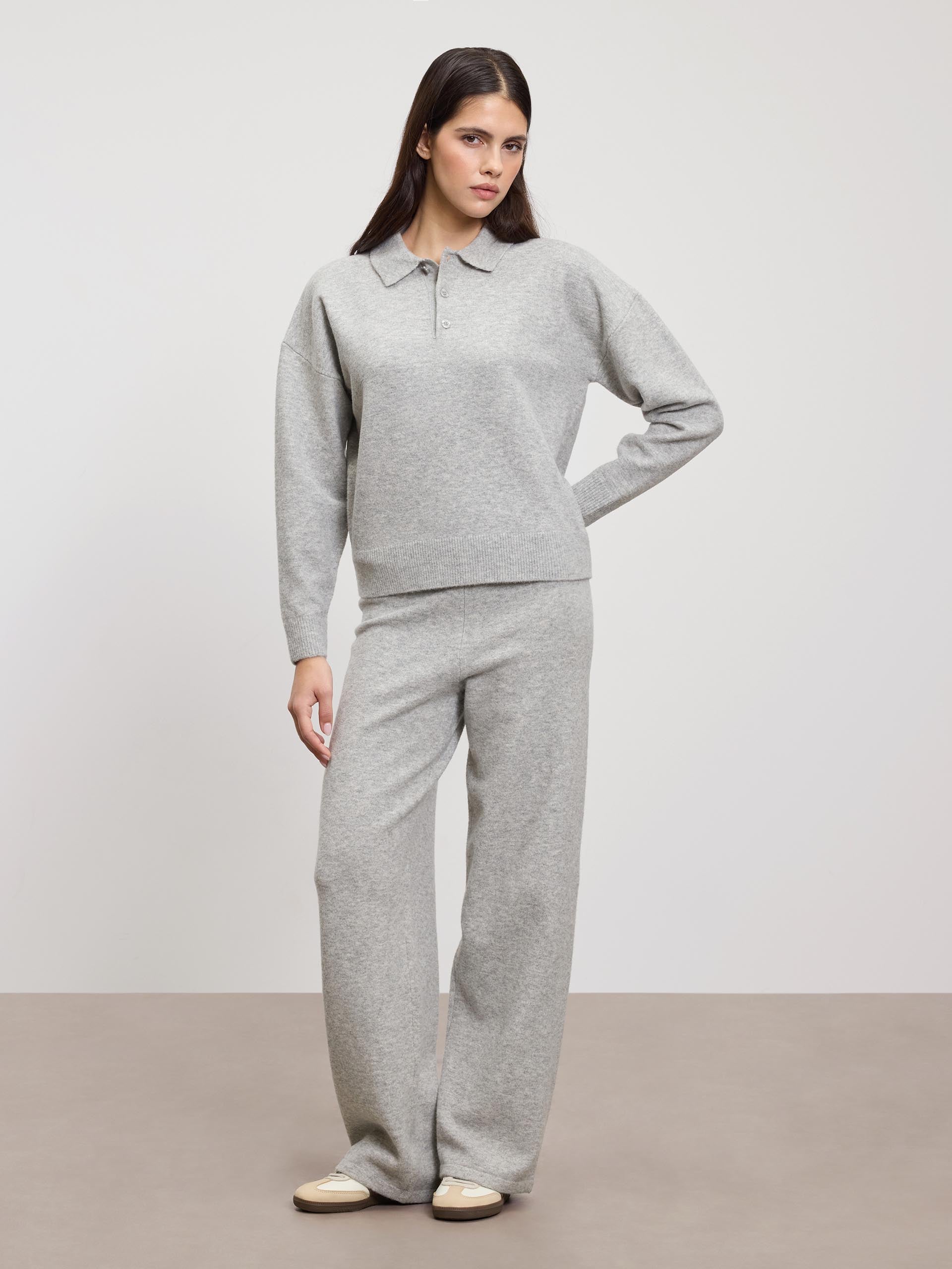 Womens Chunky Wool Polo Shirt in Grey Marl