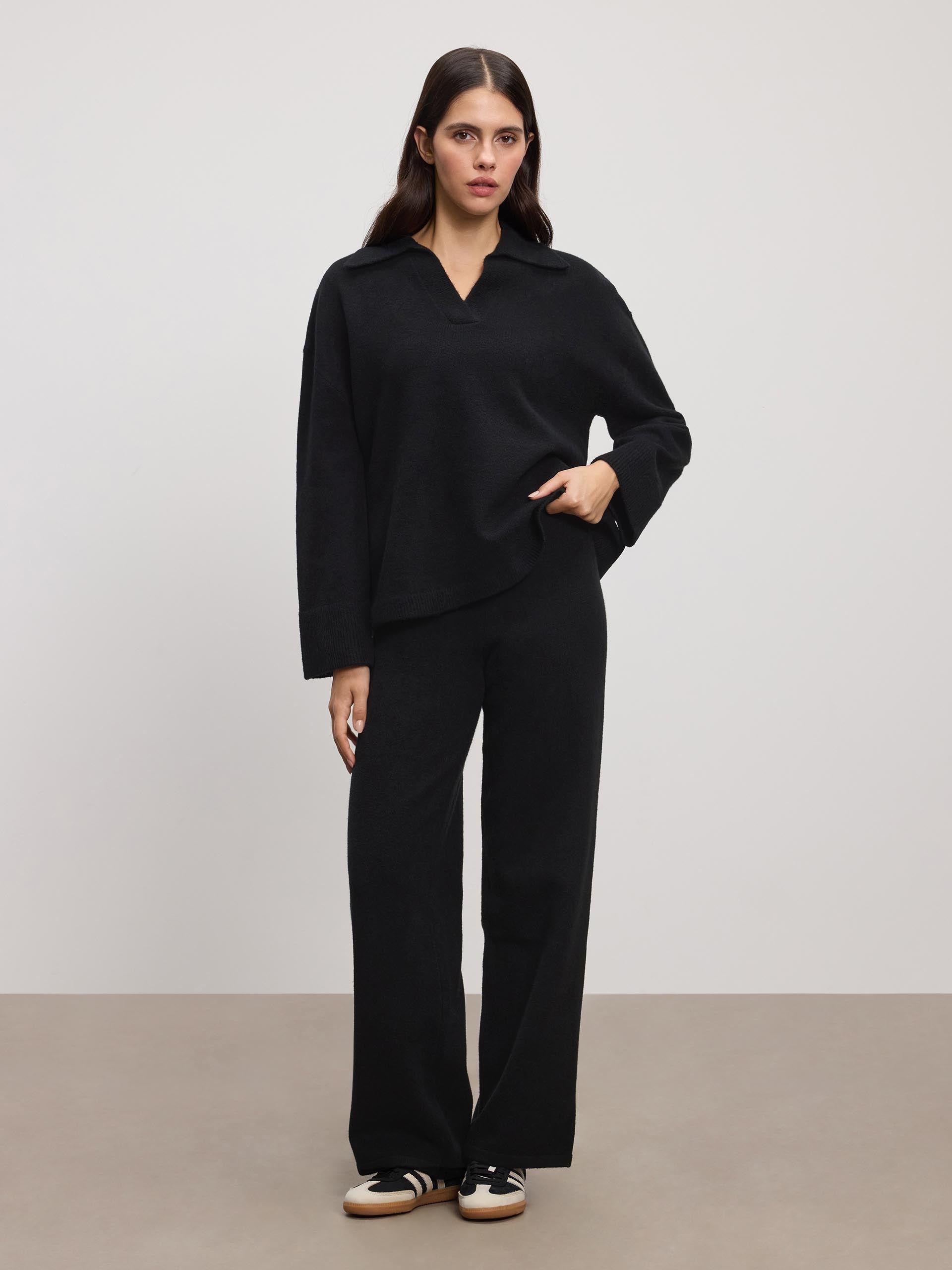 Womens Chunky Wool Revere Collar Polo in Black