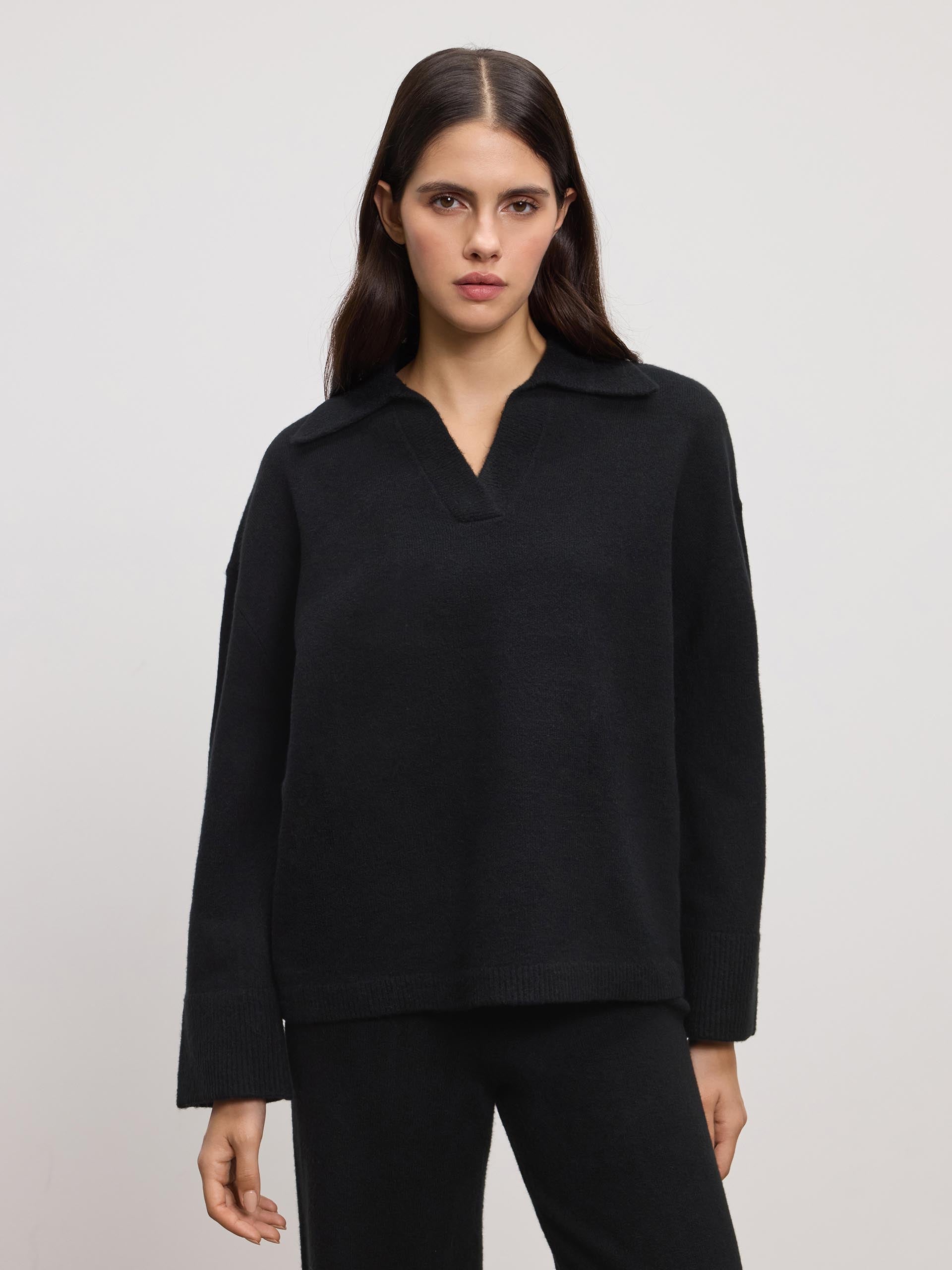 Womens Chunky Wool Revere Collar Polo in Black