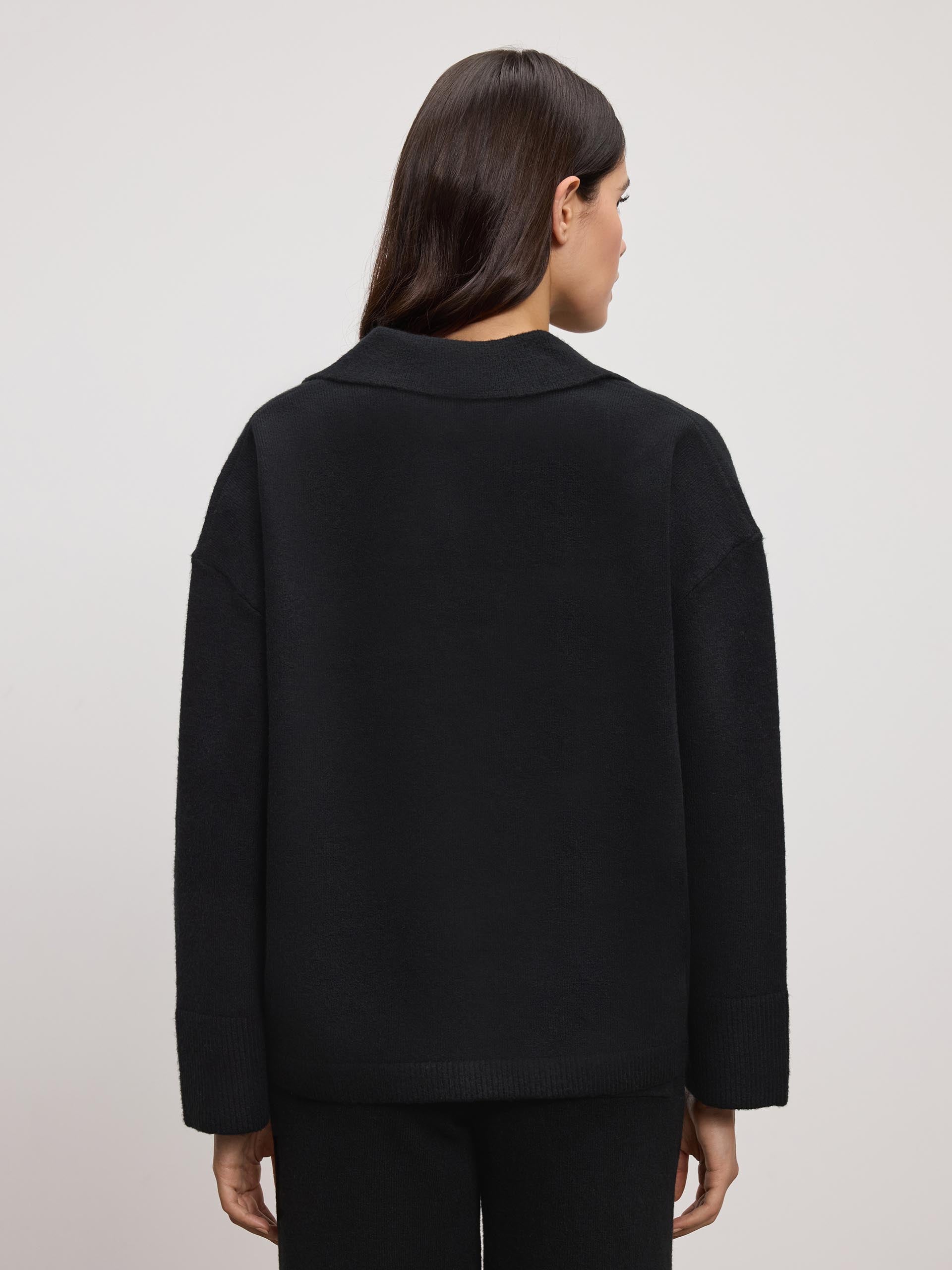 Womens Chunky Wool Revere Collar Polo in Black