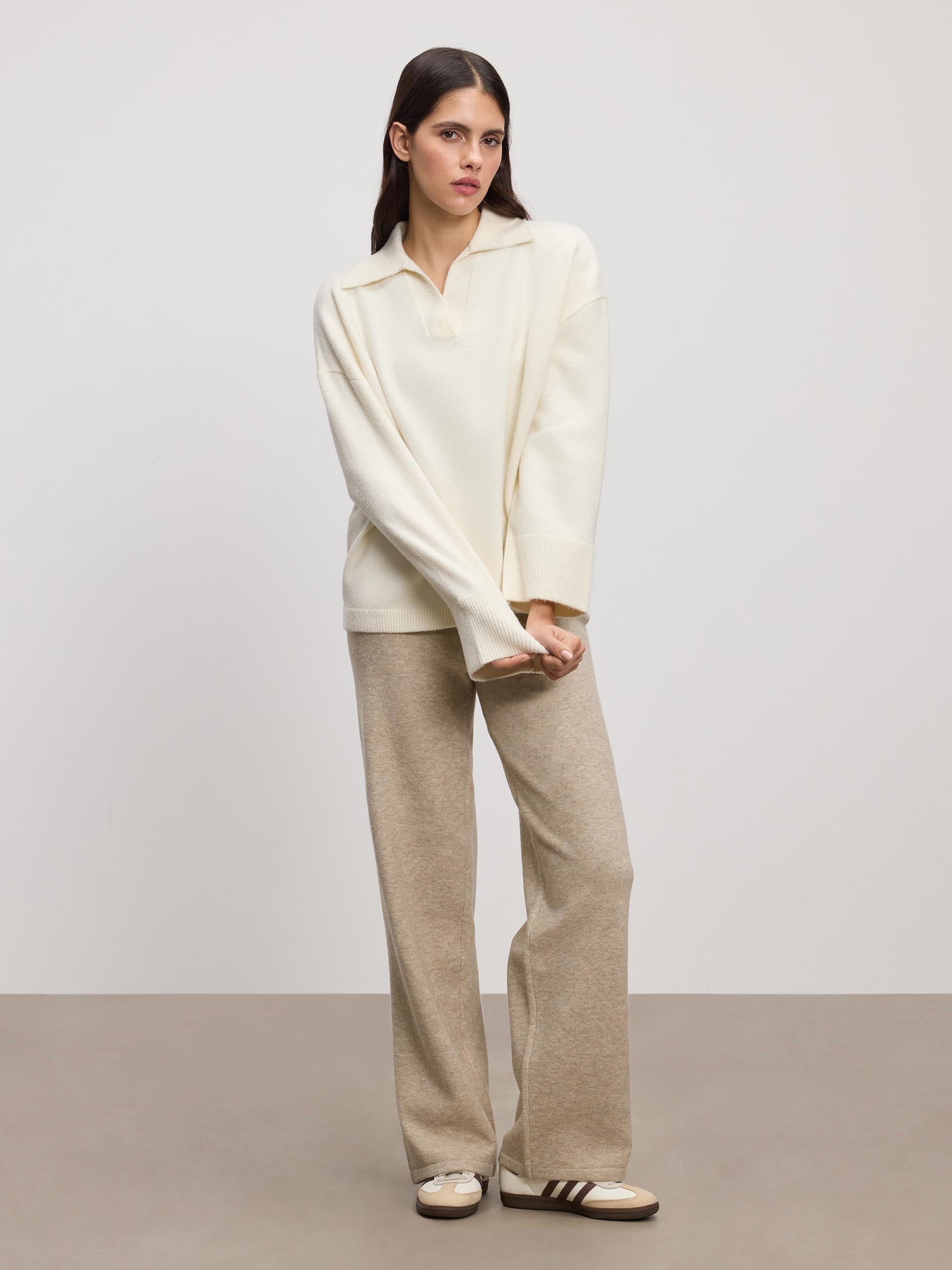 Womens Chunky Wool Revere Collar Polo in White