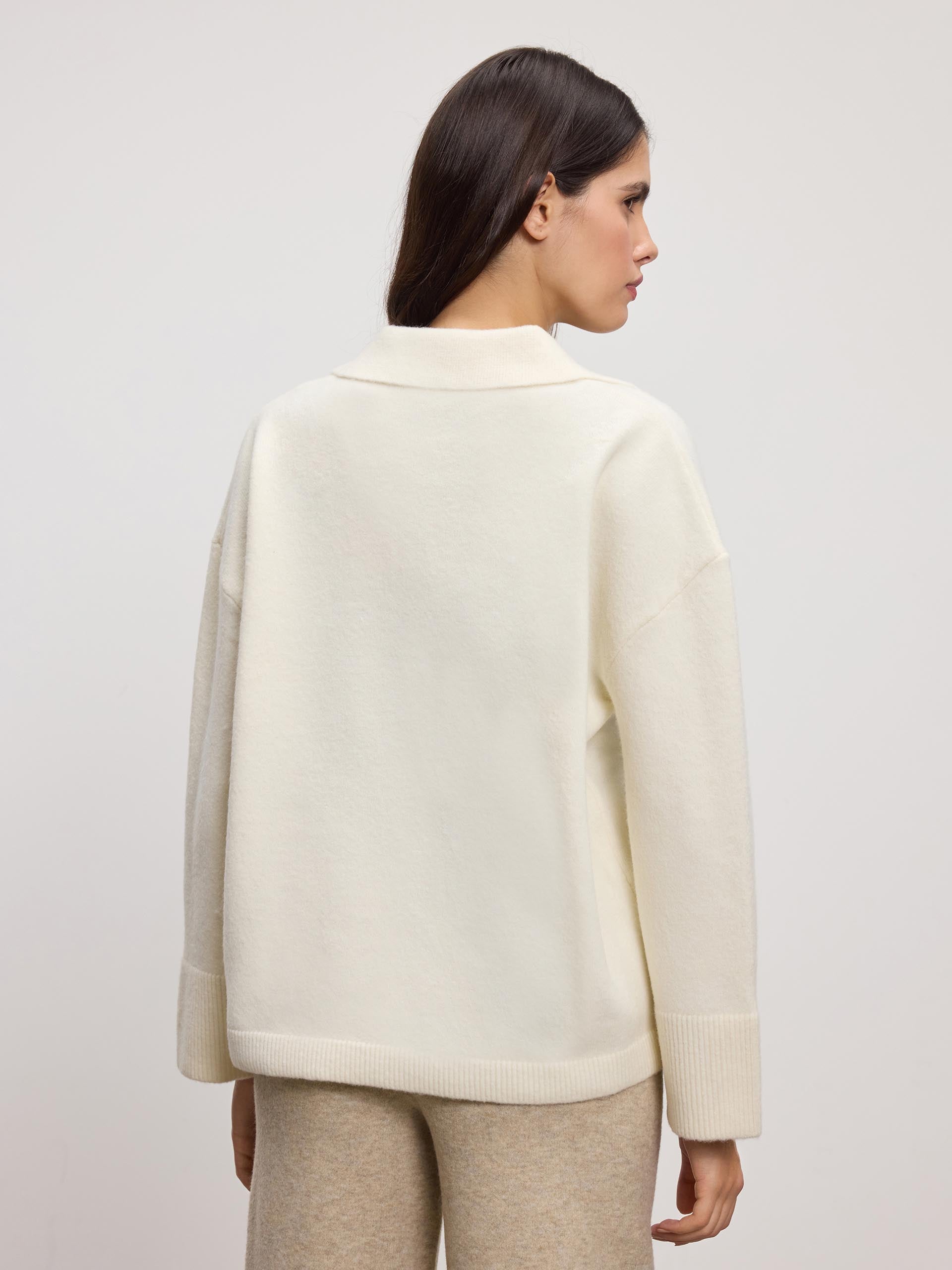 Womens Chunky Wool Revere Collar Polo in White