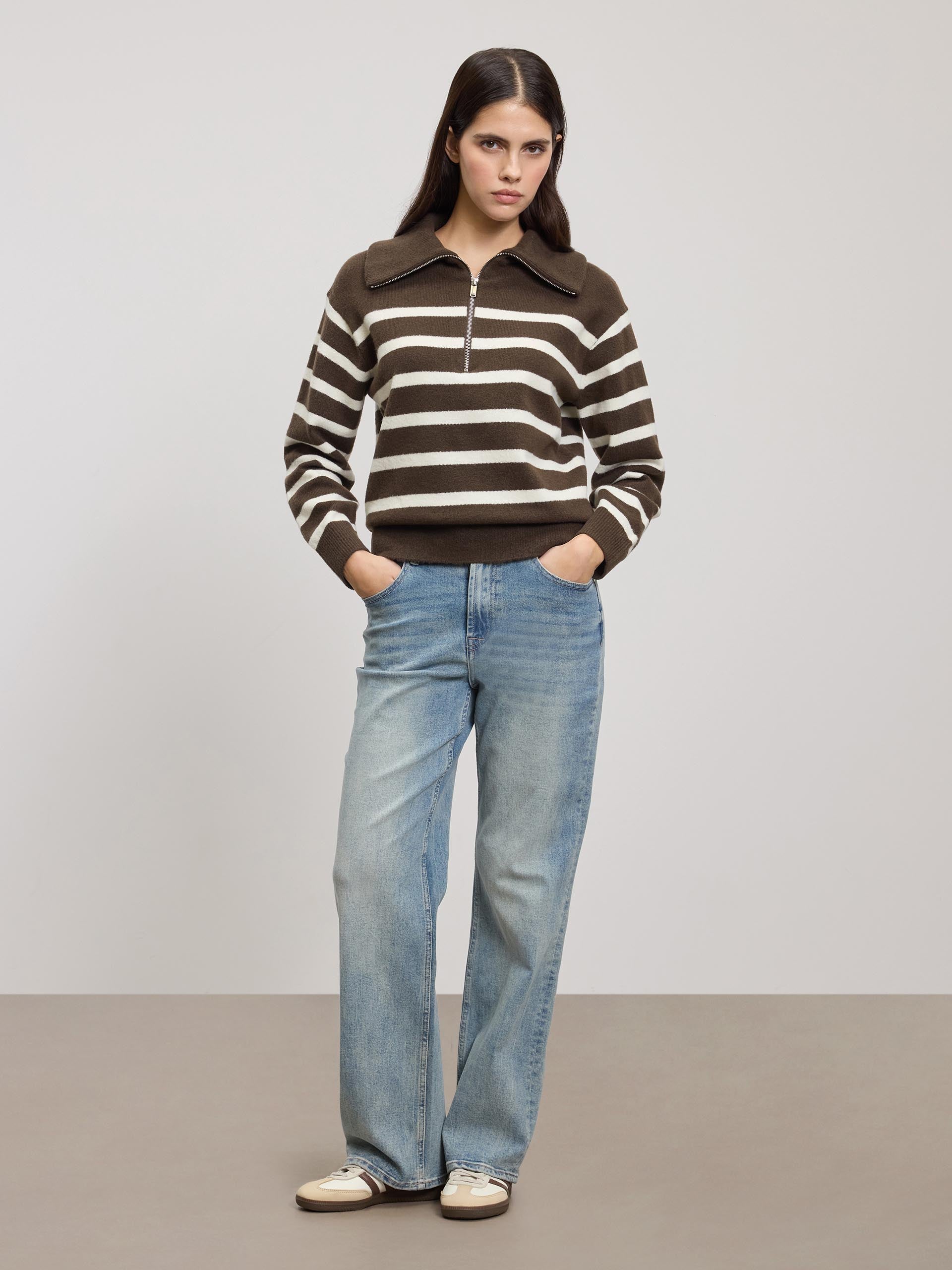 Womens Chunky Wool Stripe Half Zip in Brown White