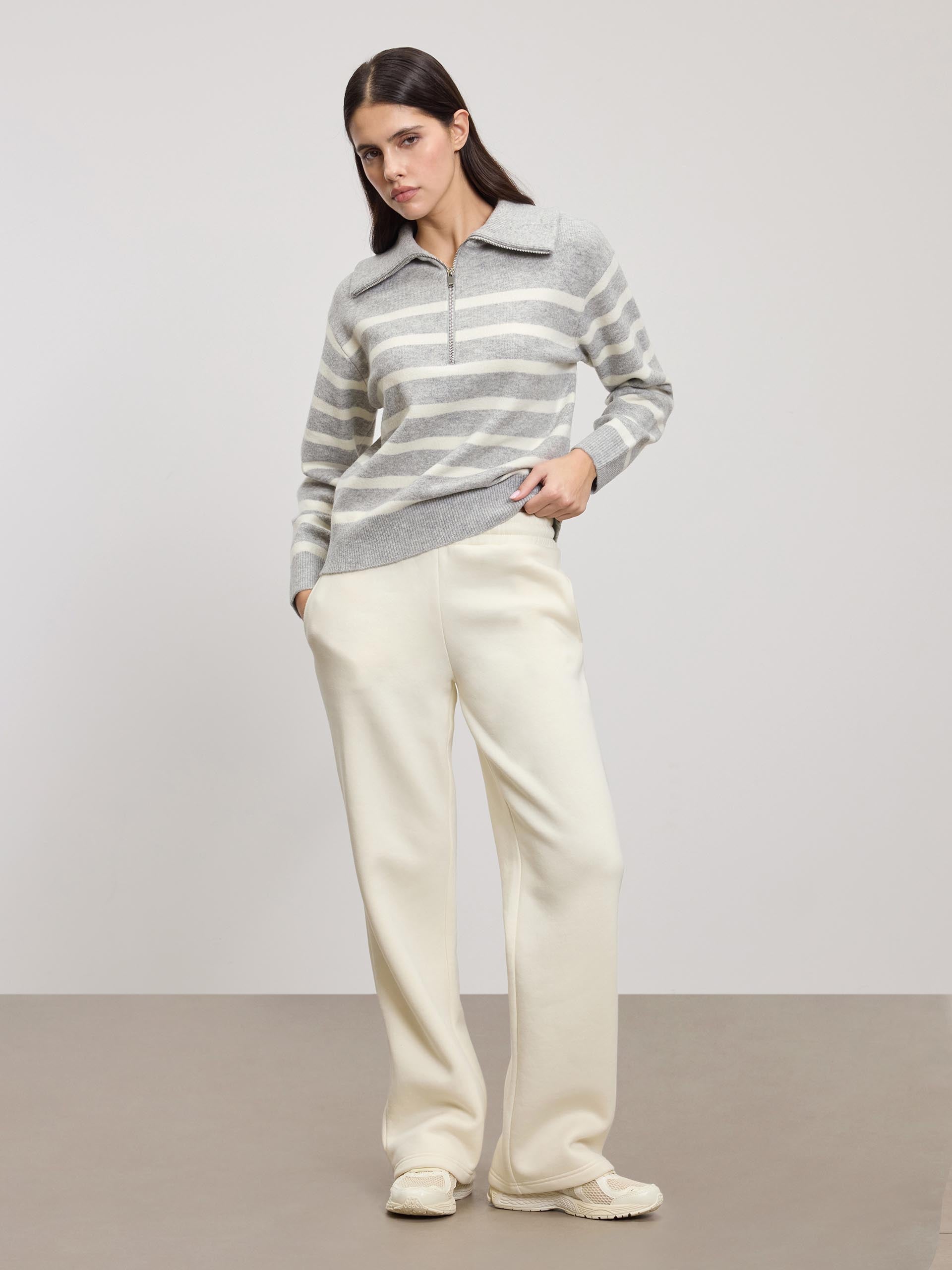 Womens Chunky Wool Stripe Half Zip in Grey White