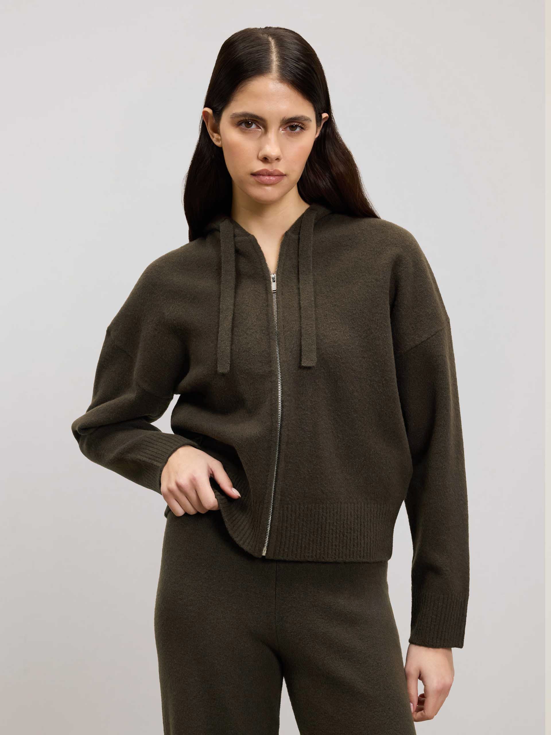 Womens Chunky Knitted Hoodie in Brown