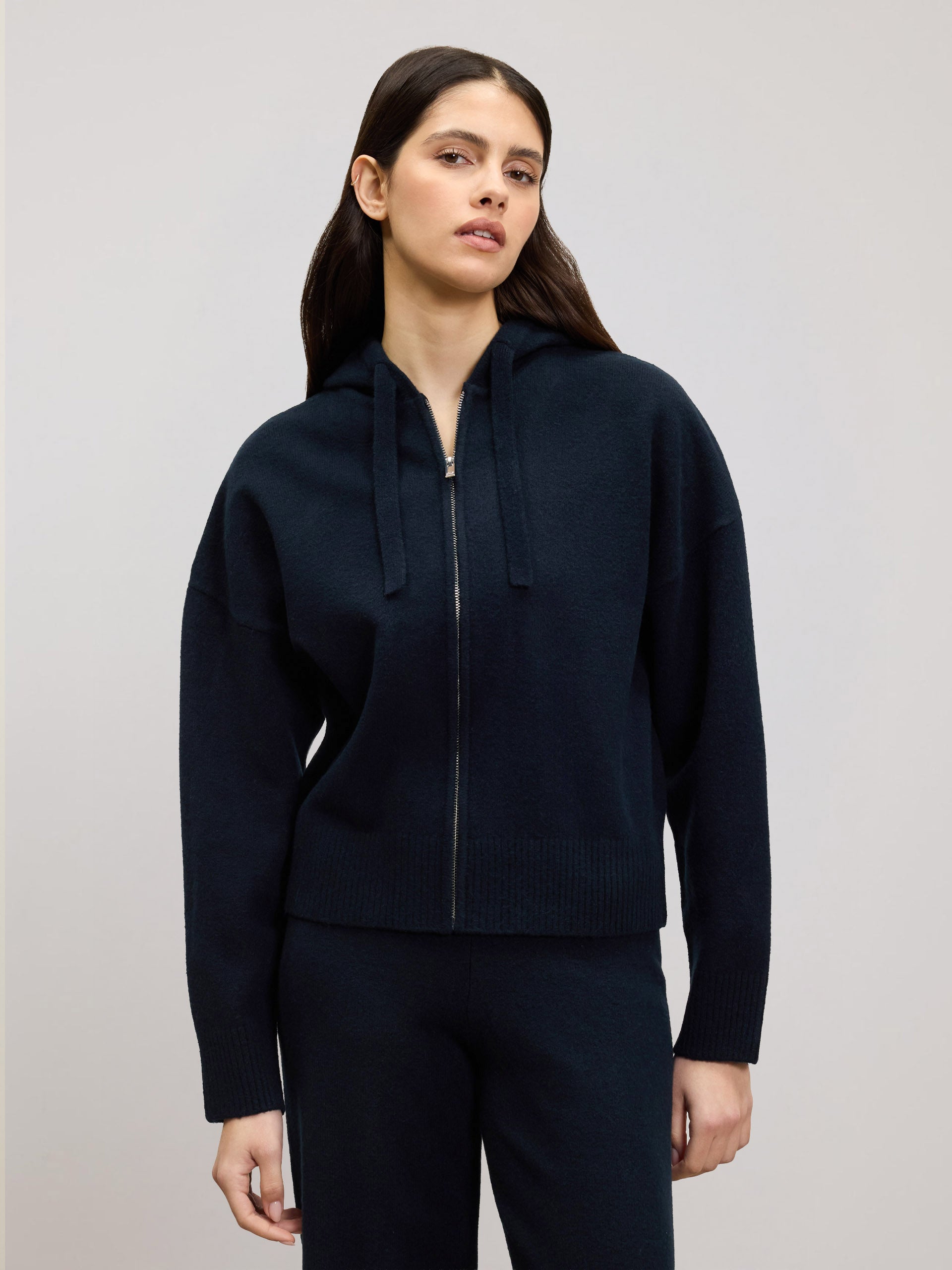 Womens Chunky Knitted Hoodie in Navy