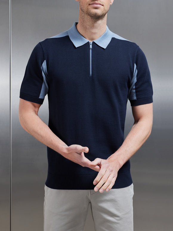 Colour Block Zip Polo Shirt in Navy