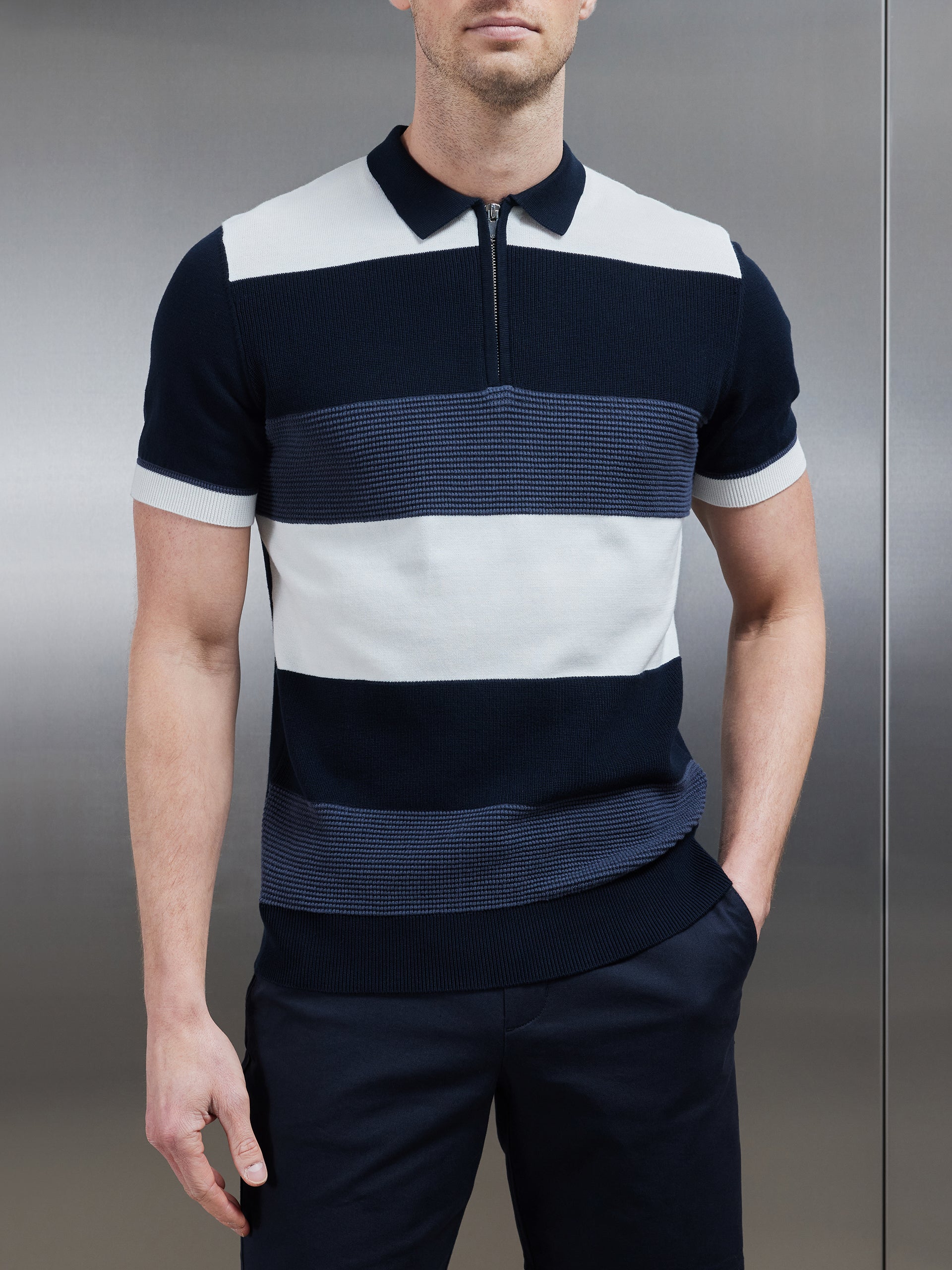 Colour Block Knitted Zip Polo Shirt in Navy