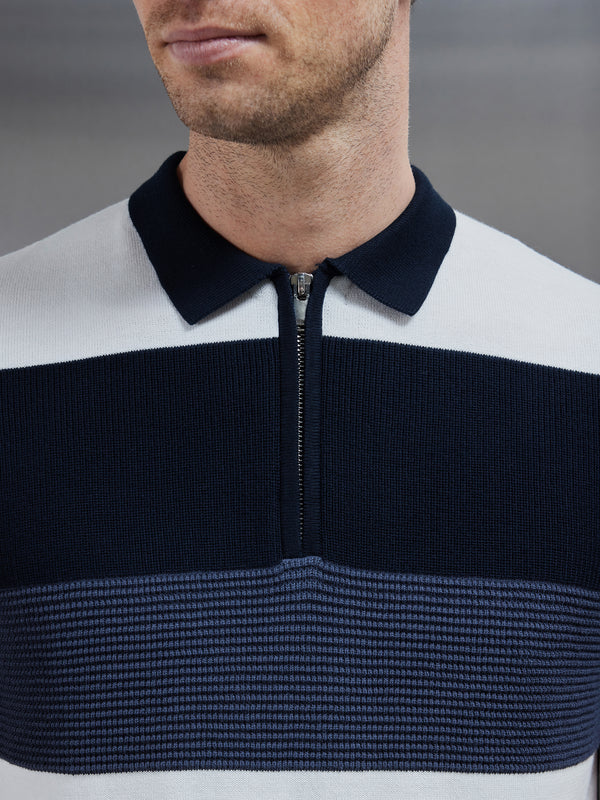 Colour Block Knitted Zip Polo Shirt in Navy