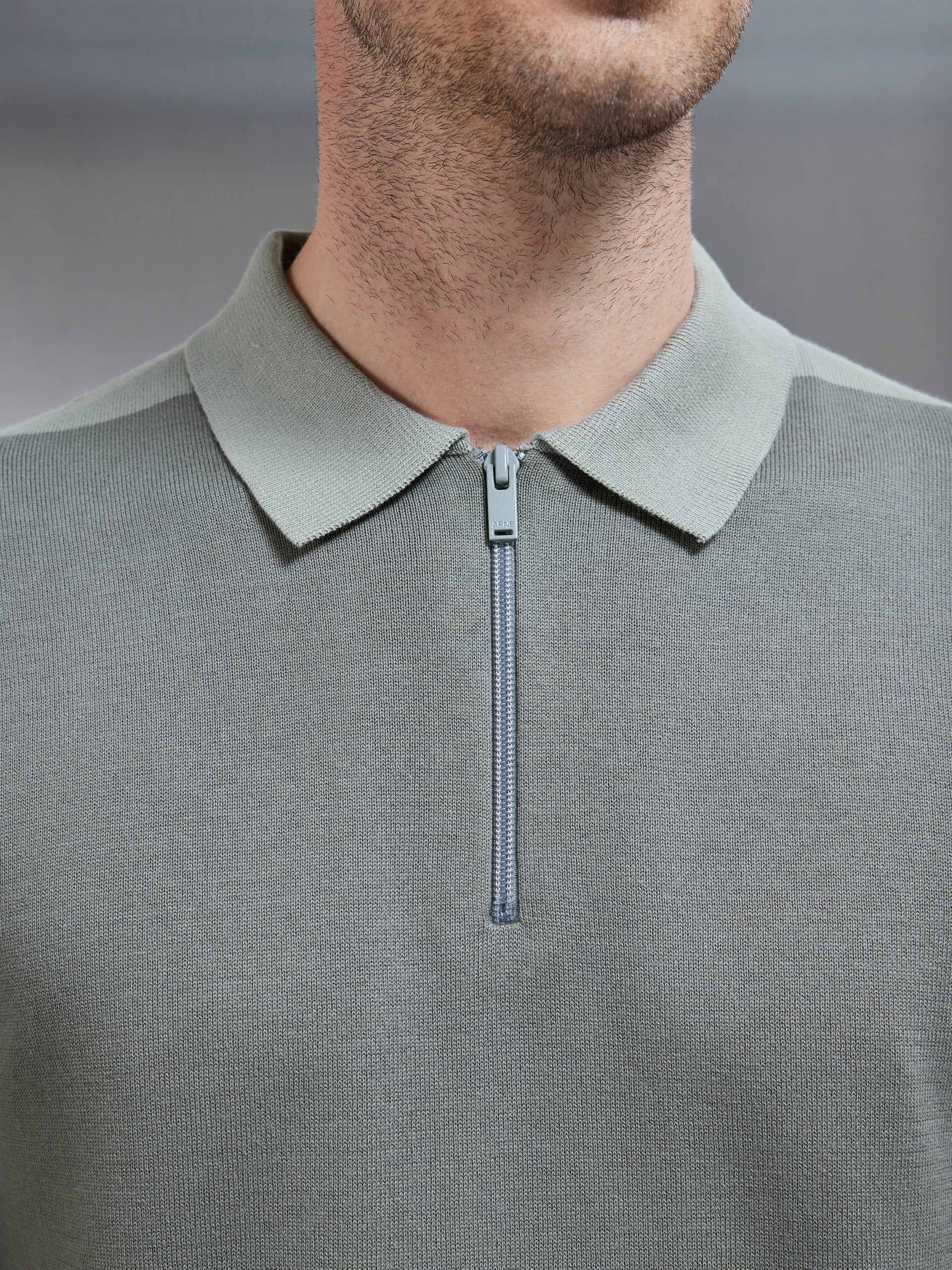 Colour Block Zip Polo Shirt in Sage