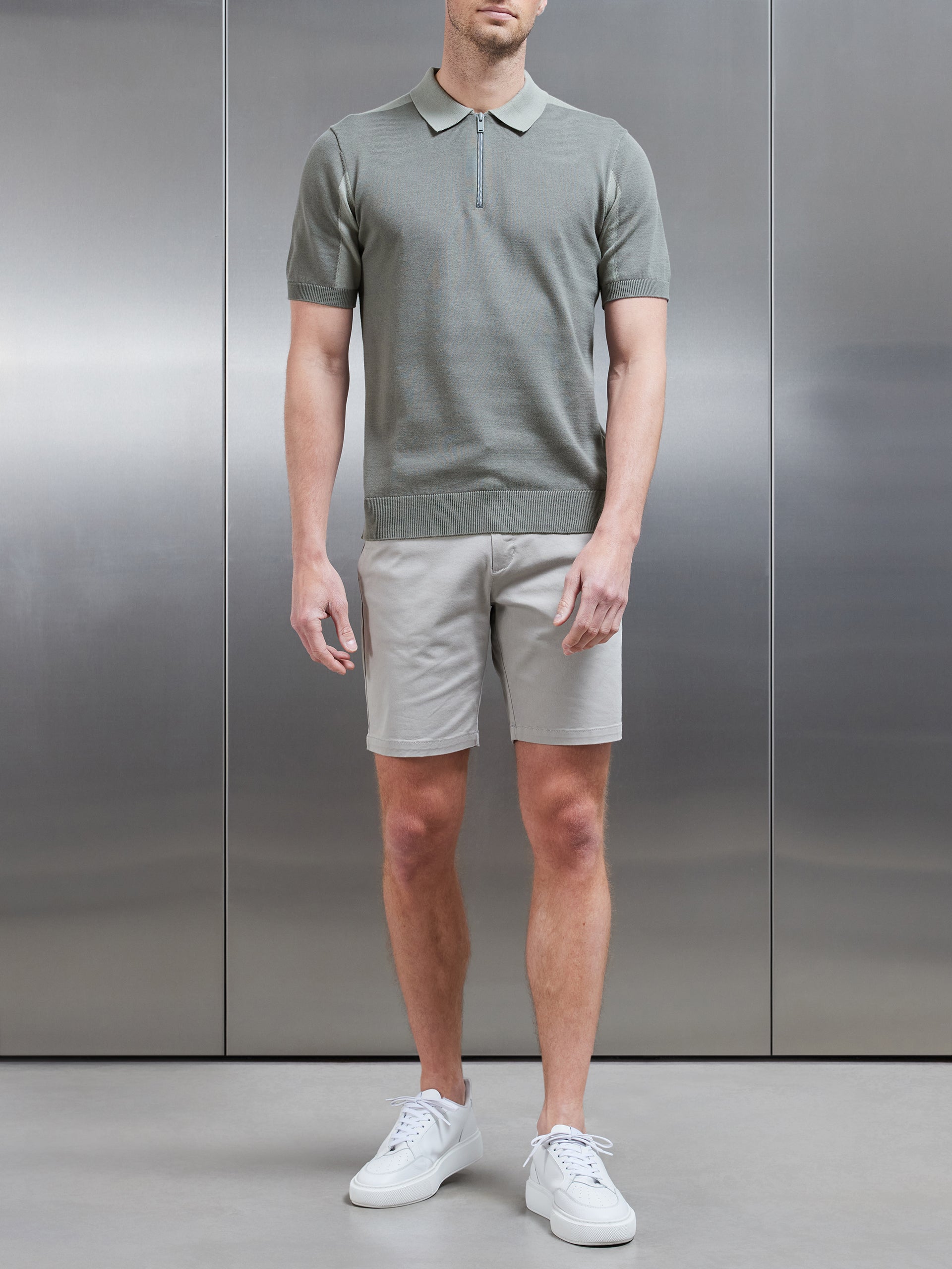 Colour Block Zip Polo Shirt in Sage