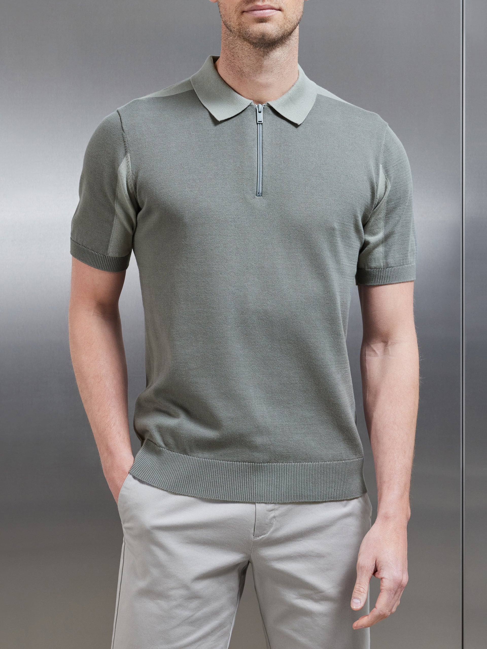 Colour Block Zip Polo Shirt in Sage