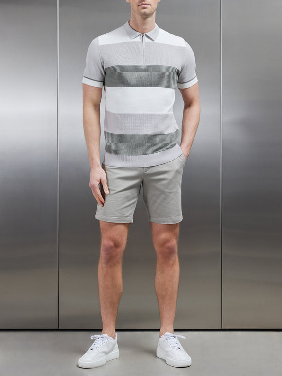 Colour Block Knitted Zip Polo Shirt in Sage