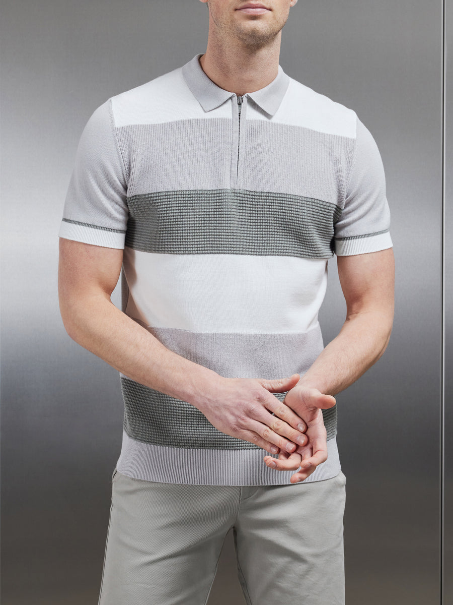 Colour Block Knitted Zip Polo Shirt in Sage