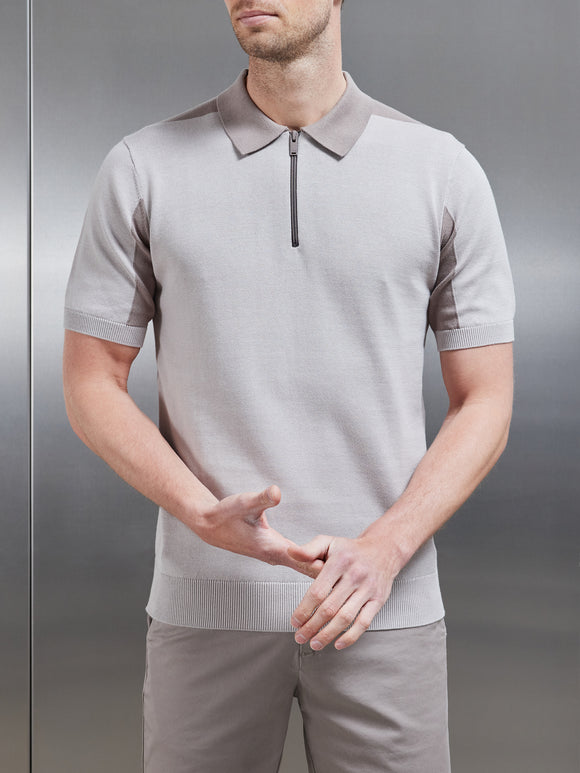 Colour Block Zip Polo Shirt in Stone