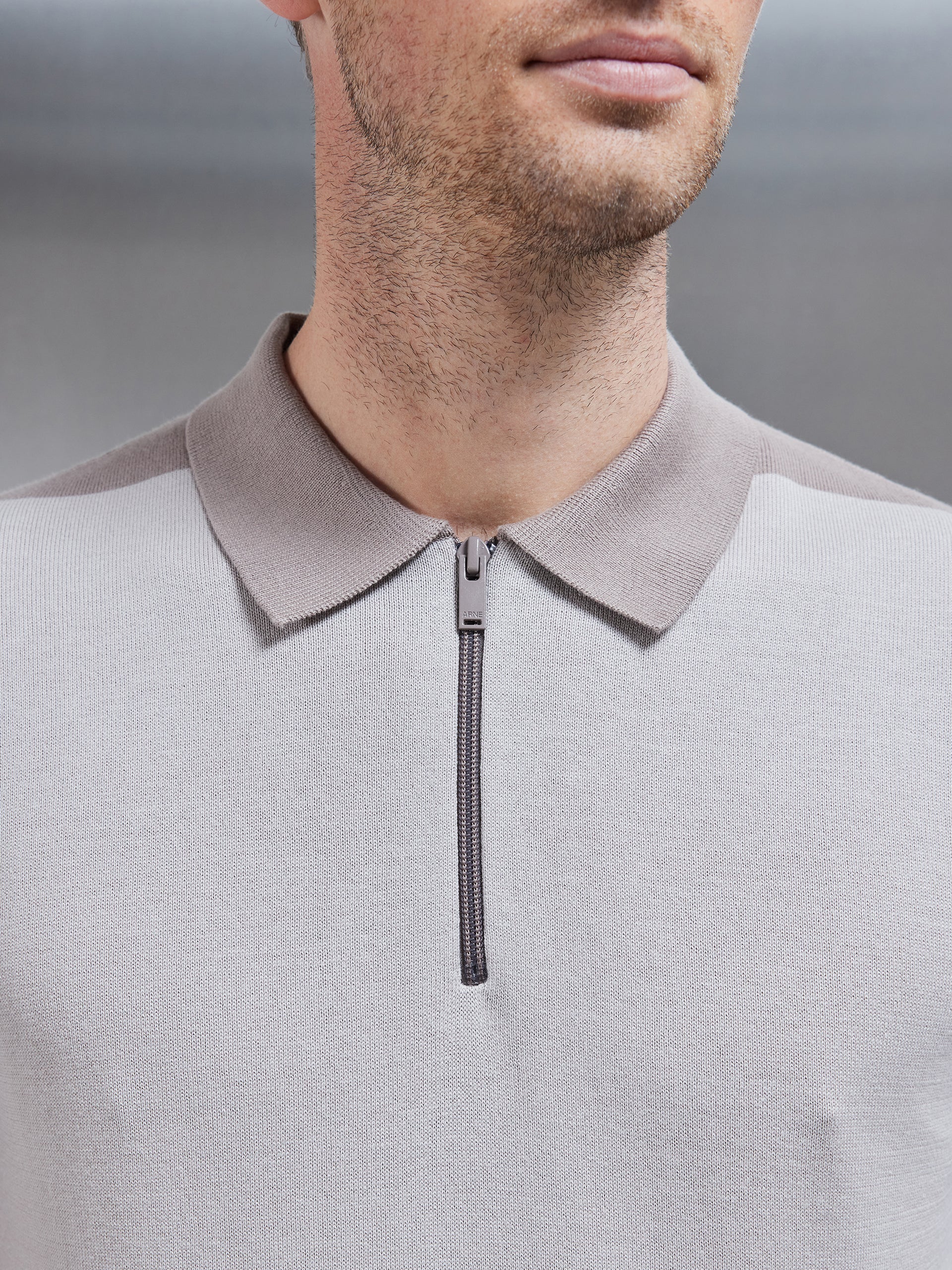 Colour Block Zip Polo Shirt in Stone