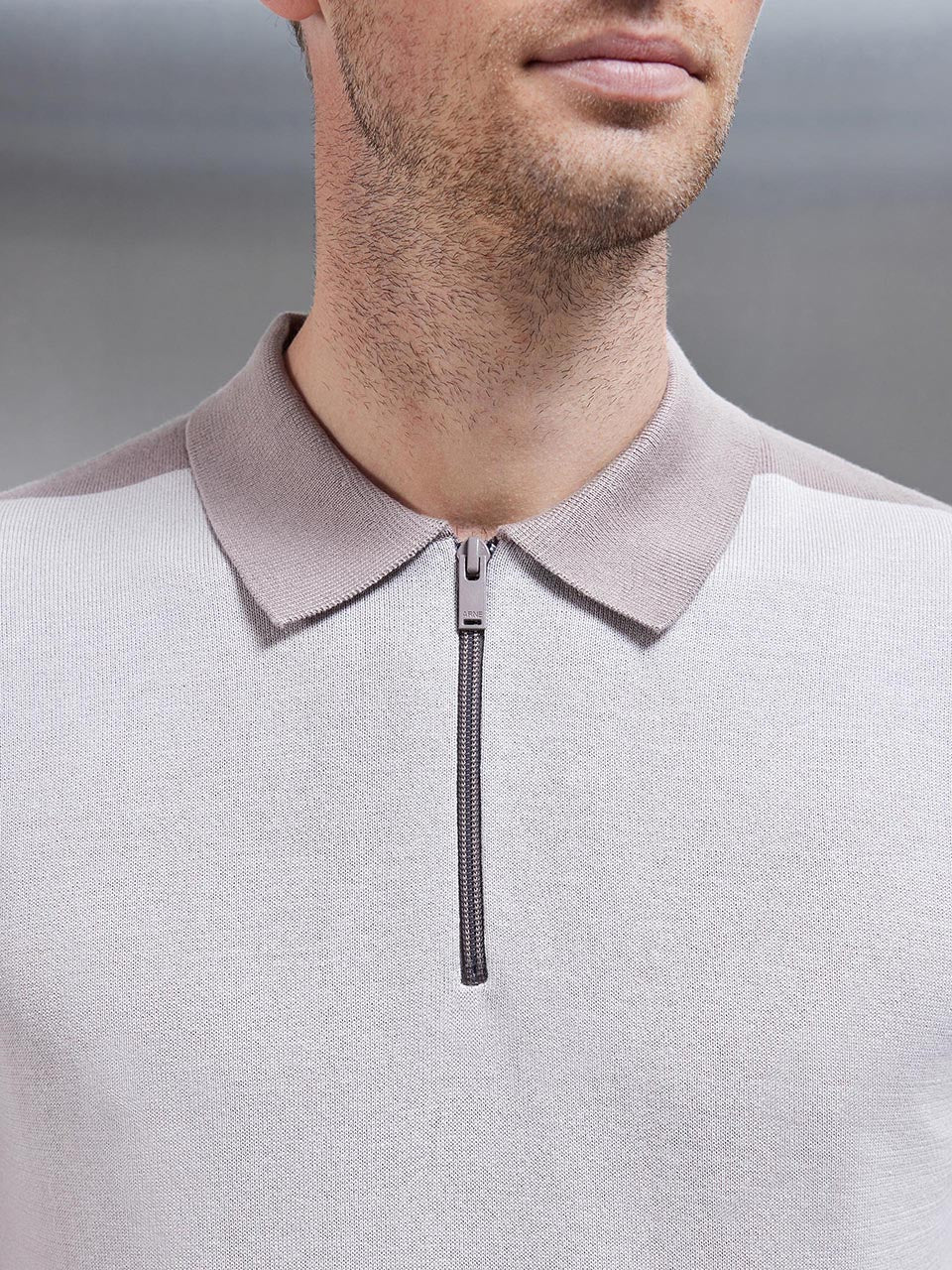 Colour Block Zip Polo Shirt in Stone