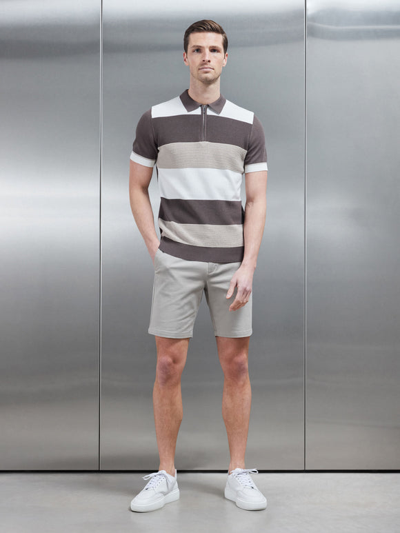 Colour Block Knitted Zip Polo Shirt in Taupe