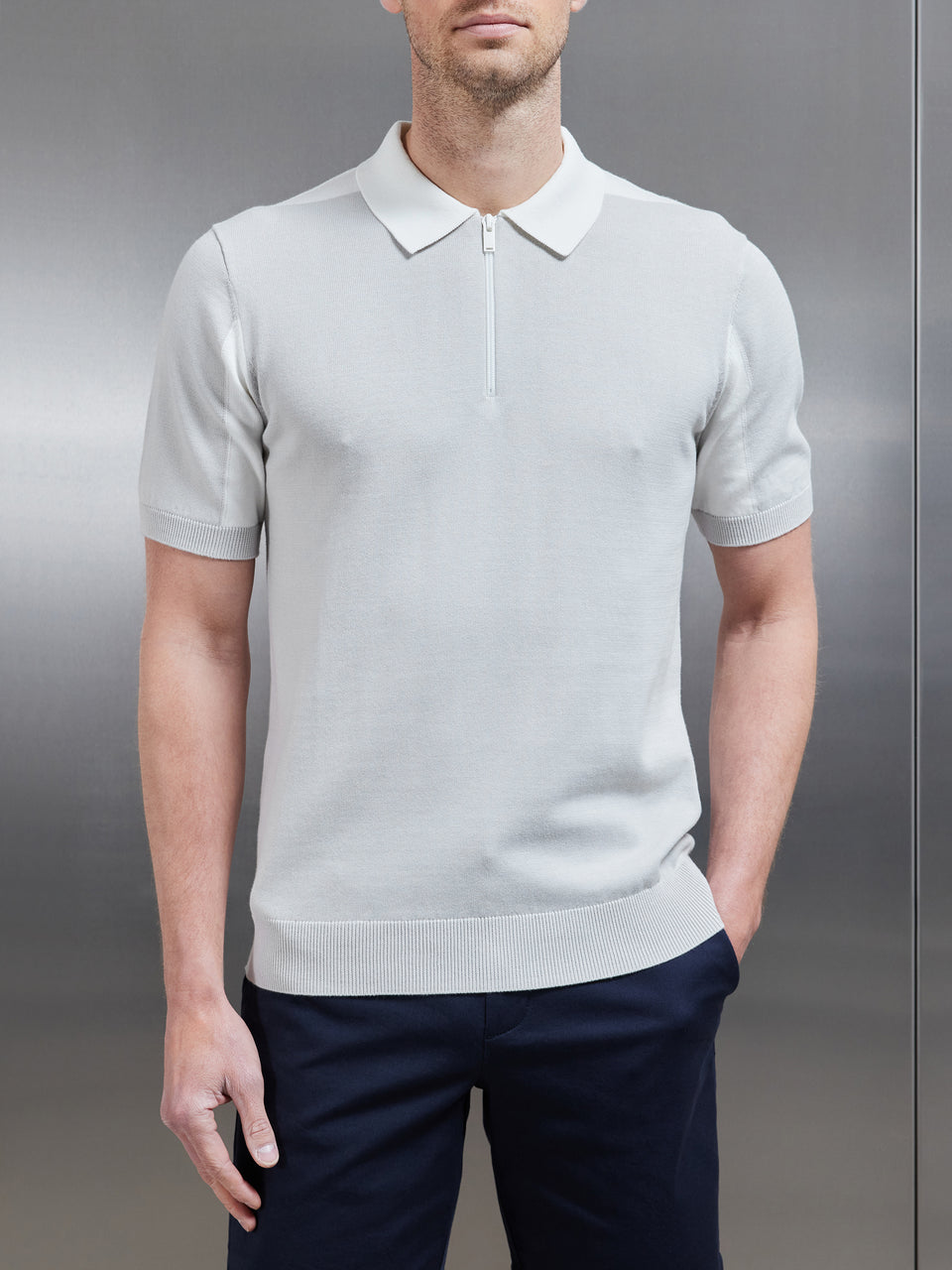 Colour Block Zip Polo Shirt in Mid Grey