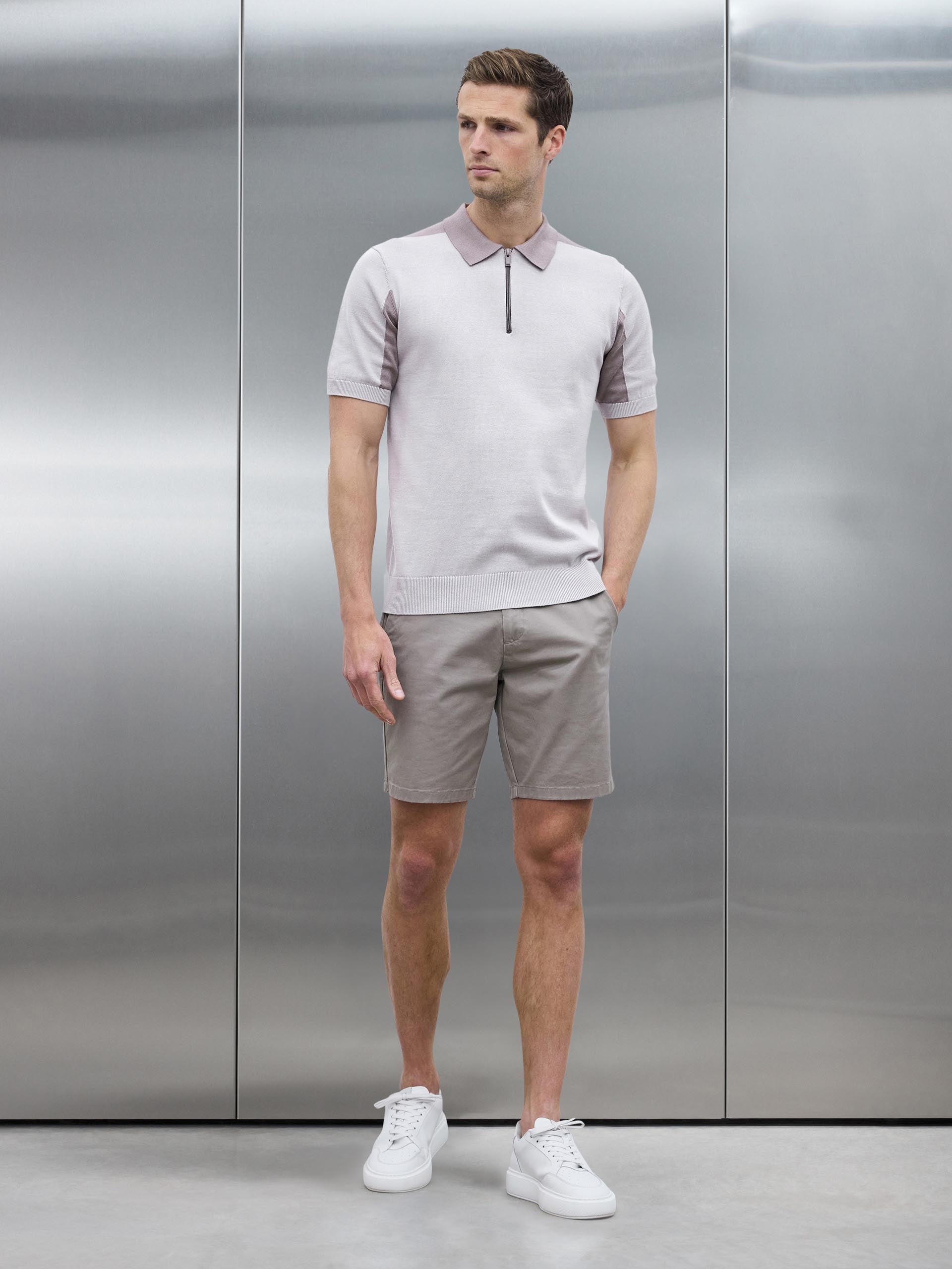 Colour Block Zip Polo Shirt in Stone