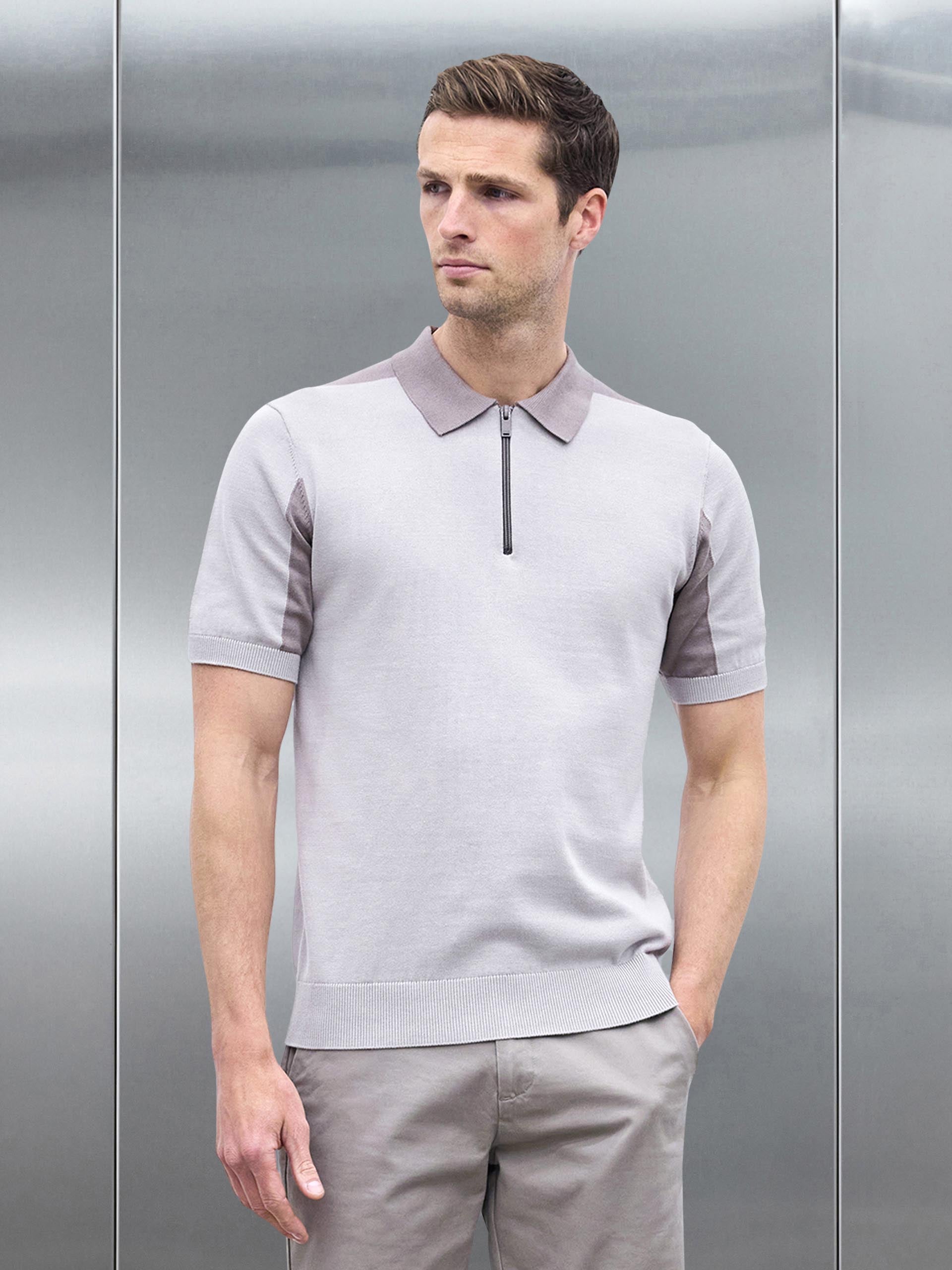 Colour Block Zip Polo Shirt in Stone