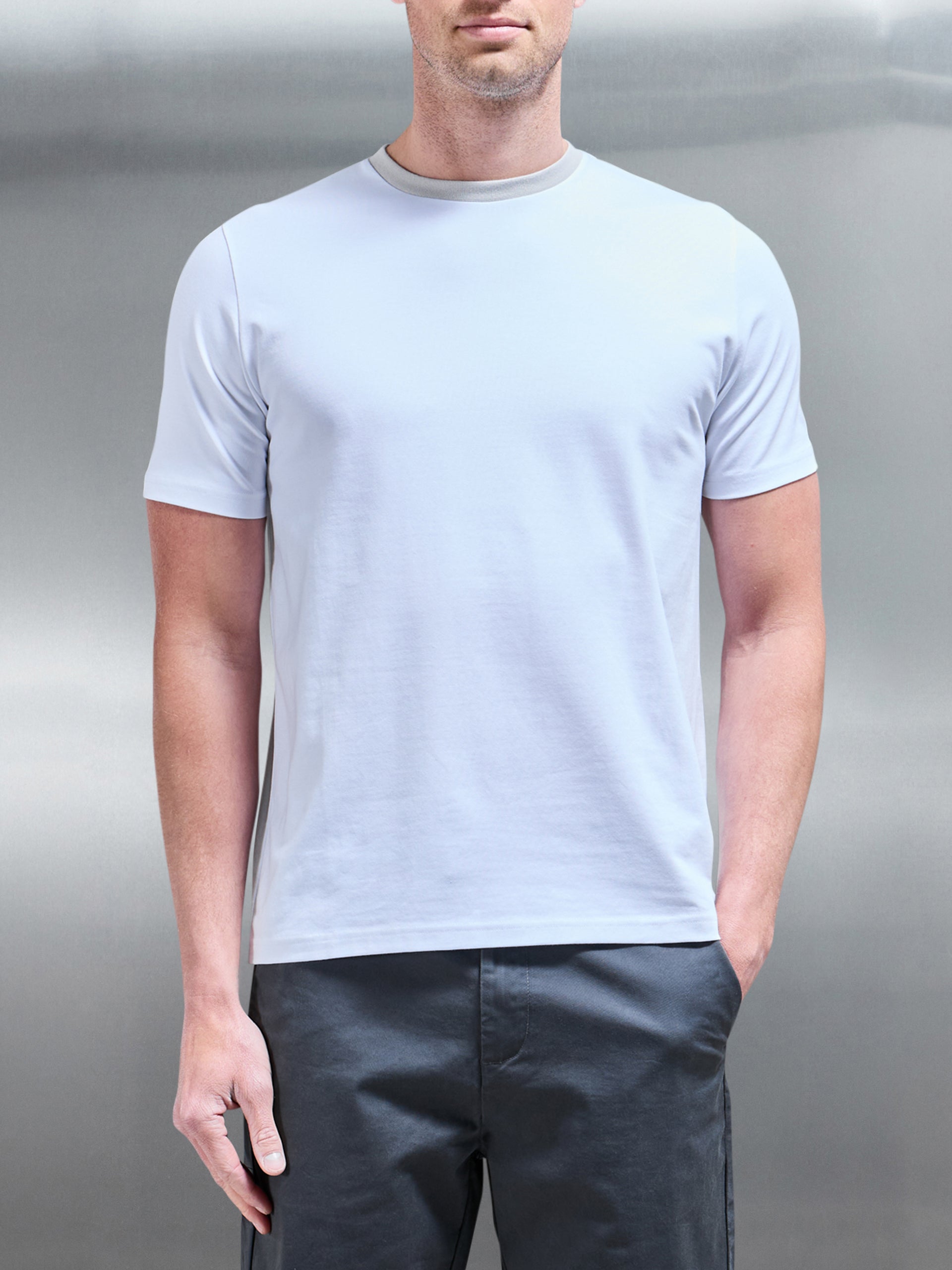 Contrast Crew Neck Slim Fit Stretch Cotton T-Shirt in White