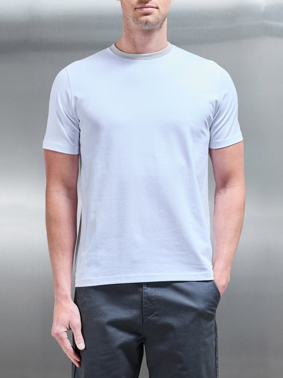 Contrast Crew Neck Slim Fit Stretch Cotton T-Shirt in White