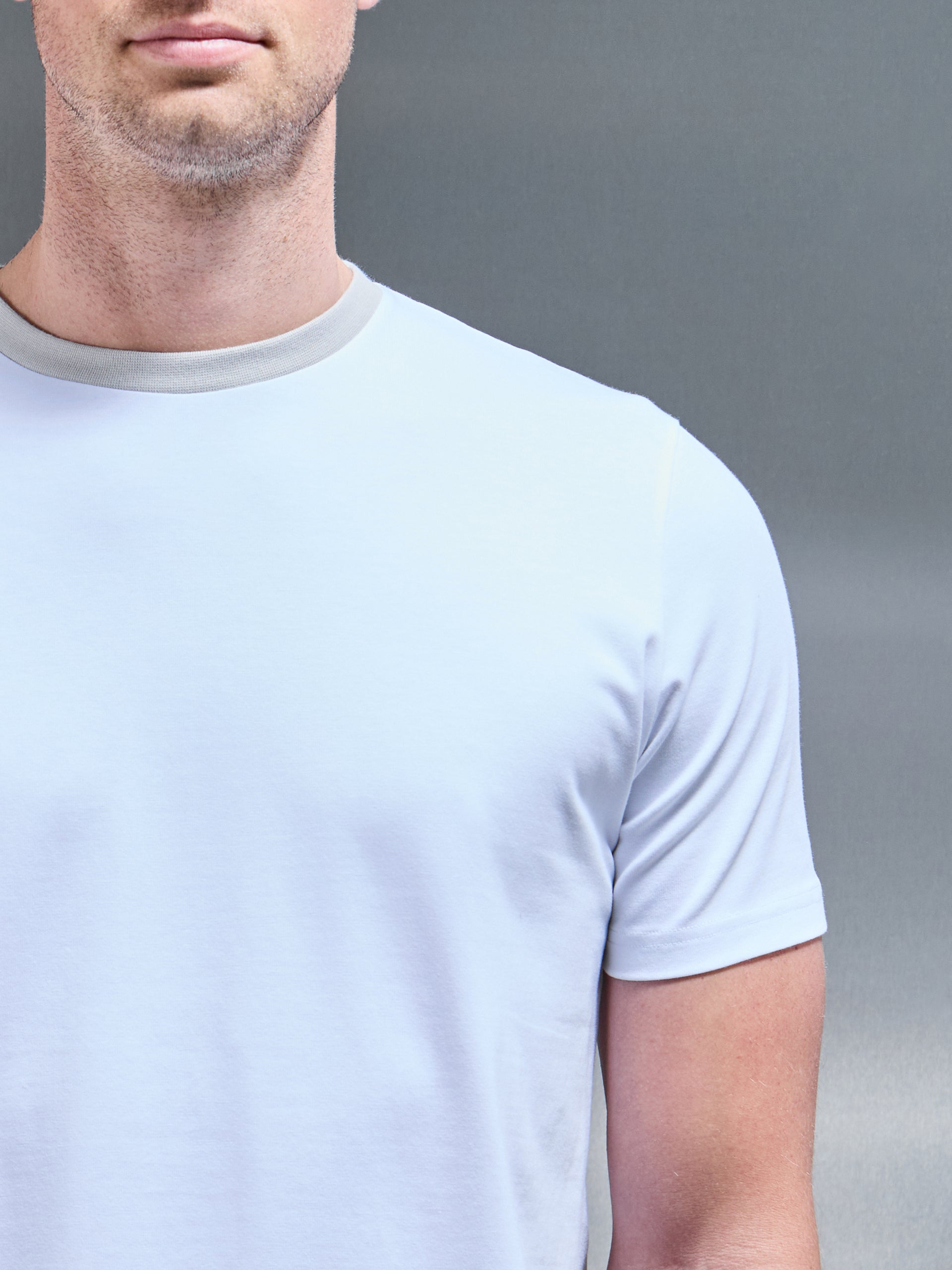 Contrast Crew Neck Slim Fit Stretch Cotton T-Shirt in White