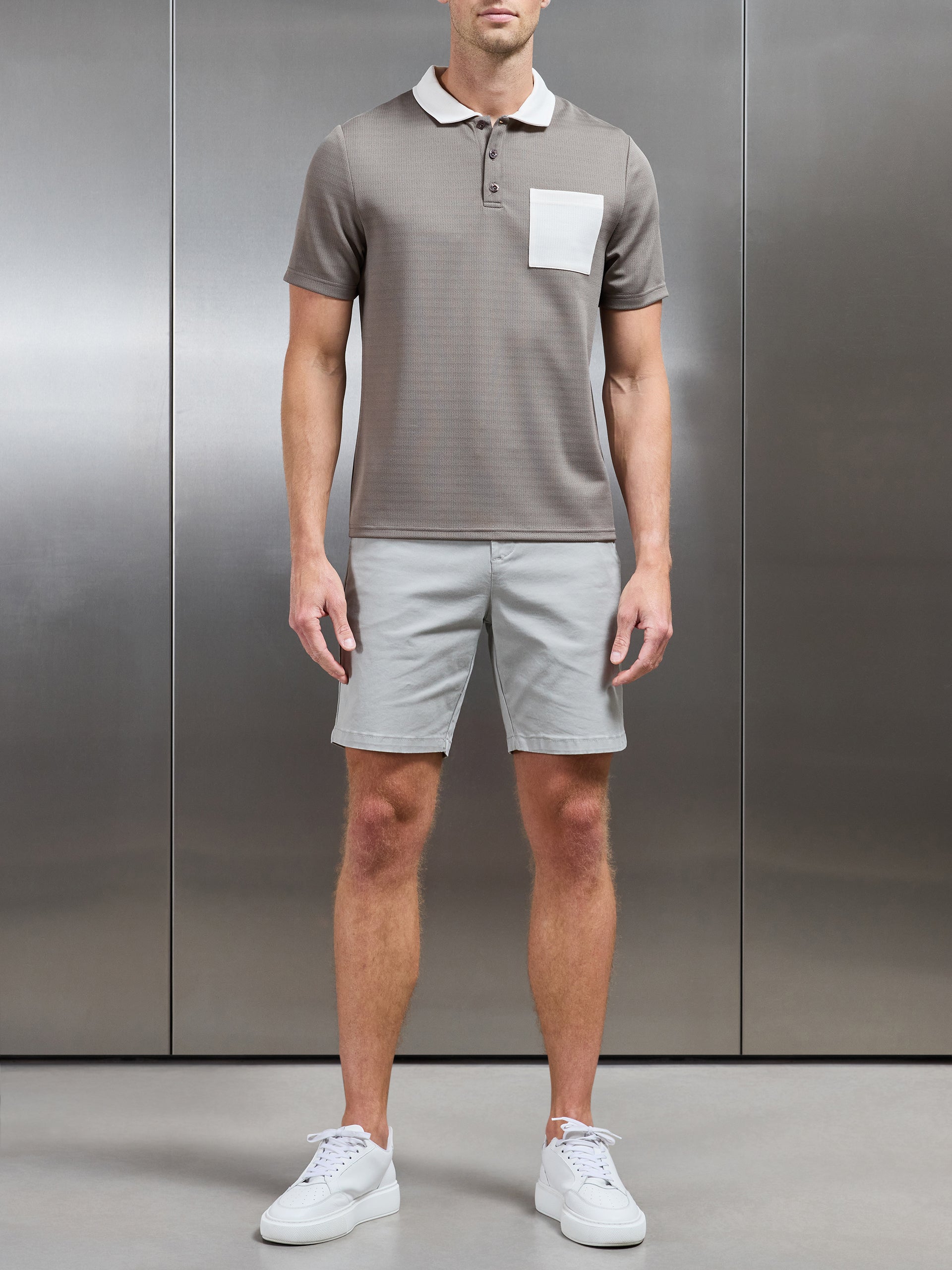 Contrast Pocket Polo Shirt in Taupe Off White