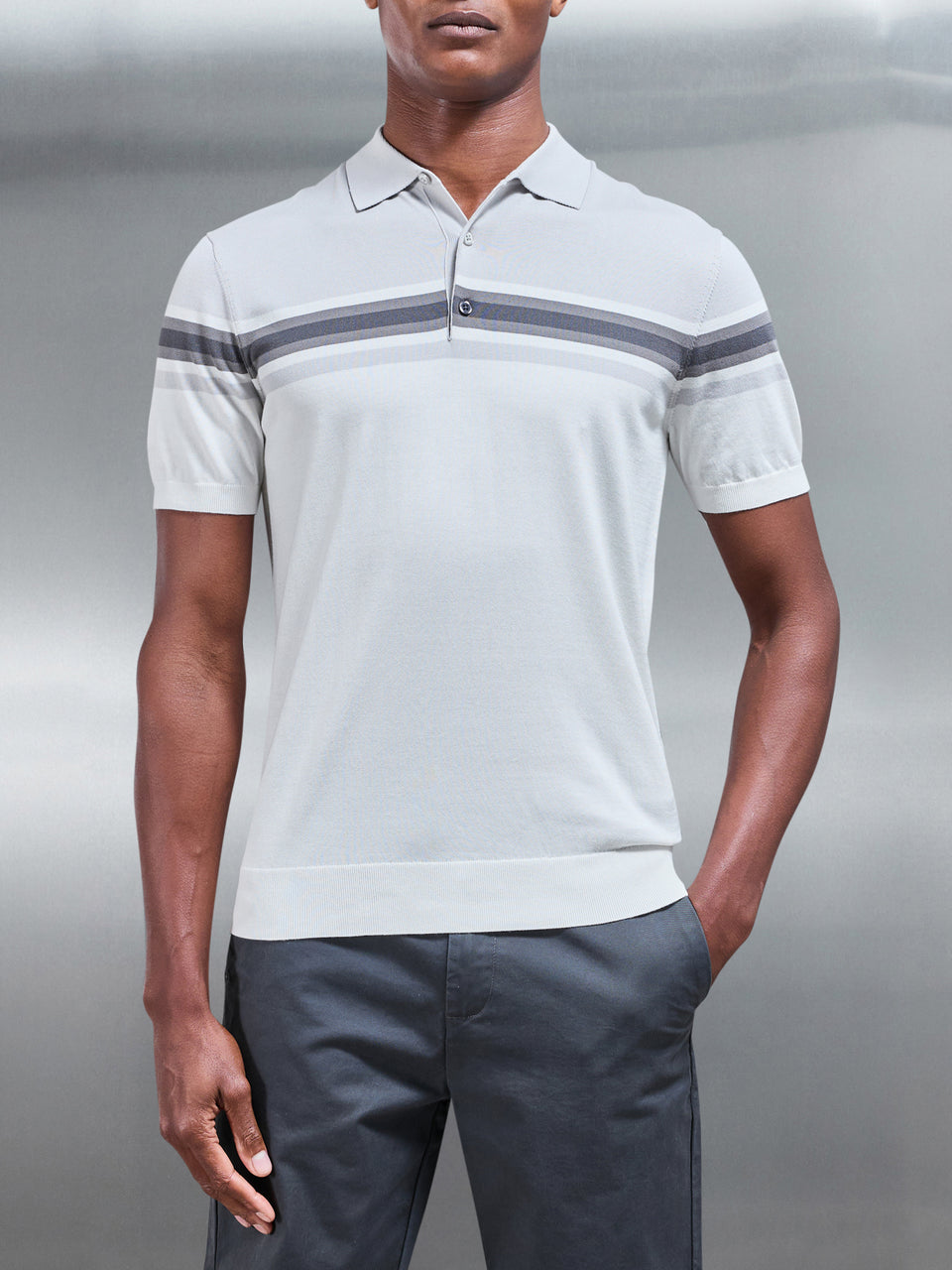 Cotton And Silk Colour Block Button Polo Shirt in Grey