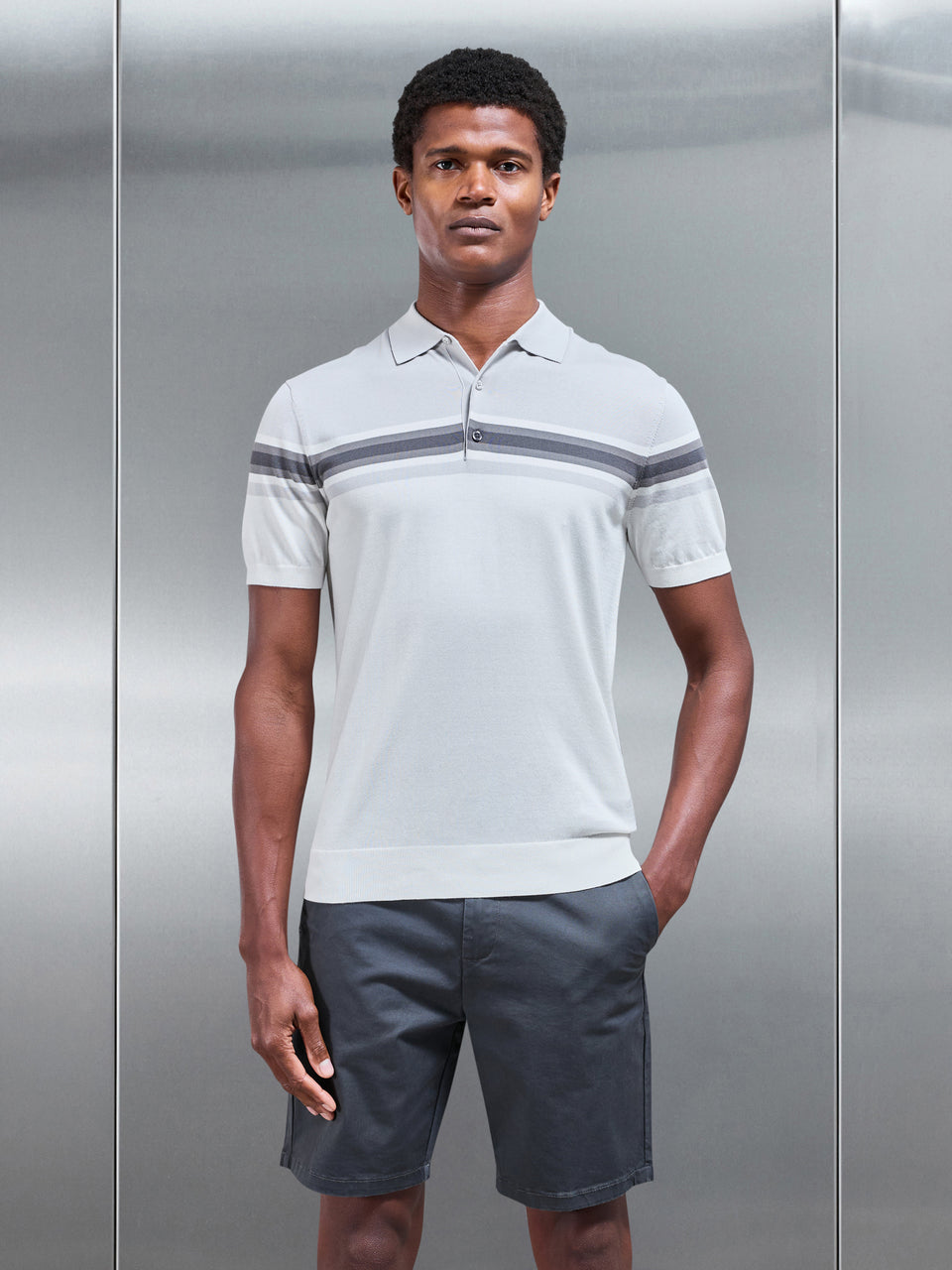 Cotton And Silk Colour Block Button Polo Shirt in Grey