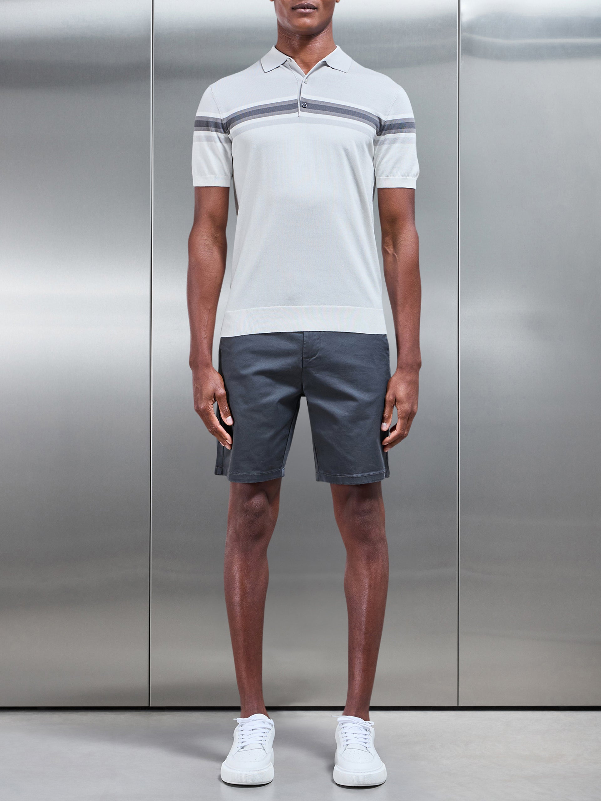 Cotton And Silk Colour Block Button Polo Shirt in Grey