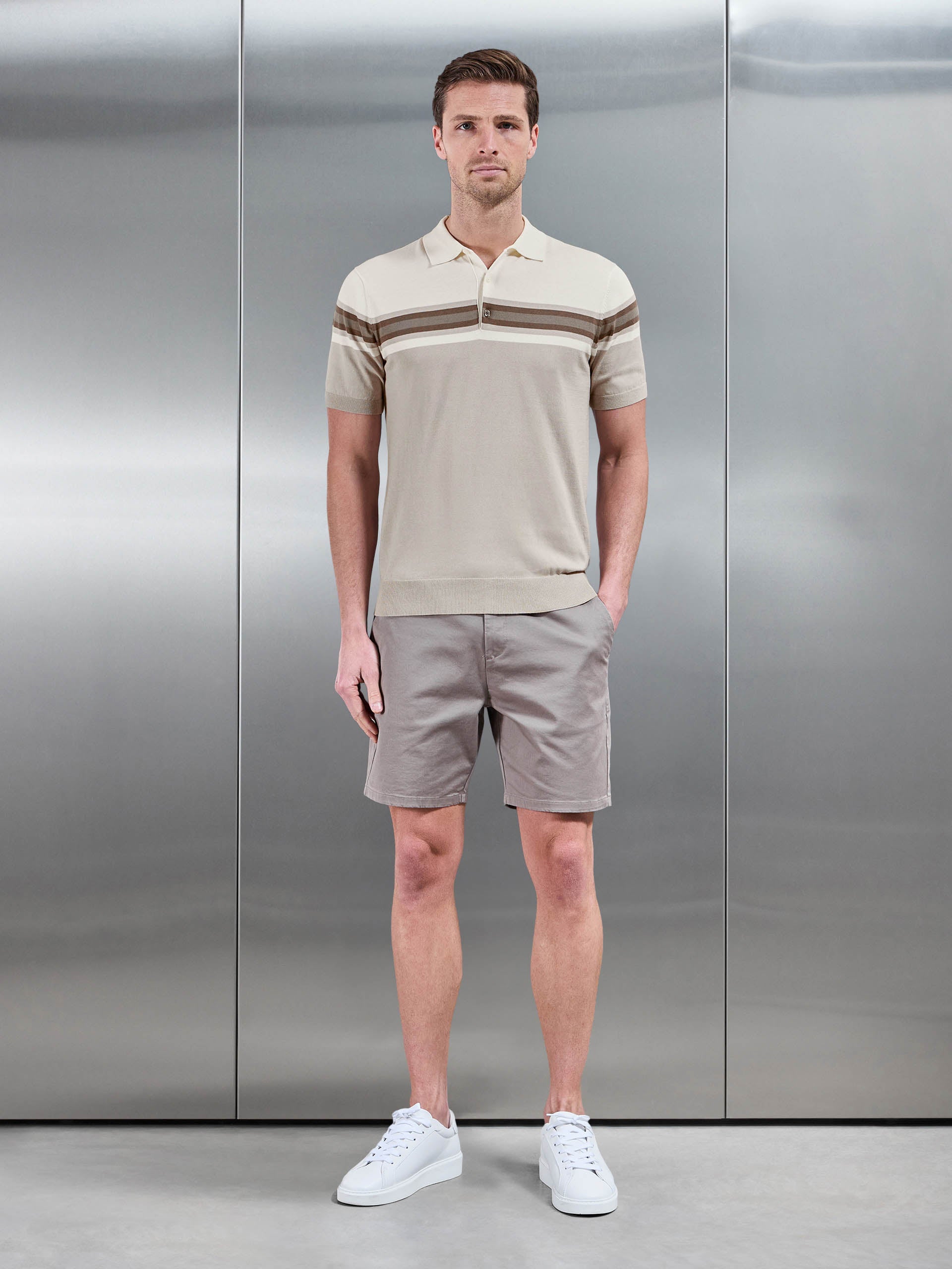 Cotton And Silk Colour Block Button Polo Shirt in Taupe