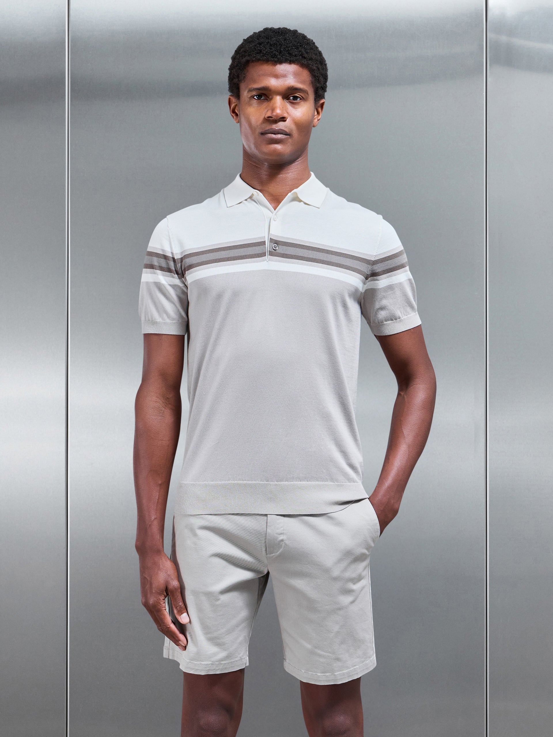 Cotton And Silk Colour Block Button Polo Shirt in Taupe