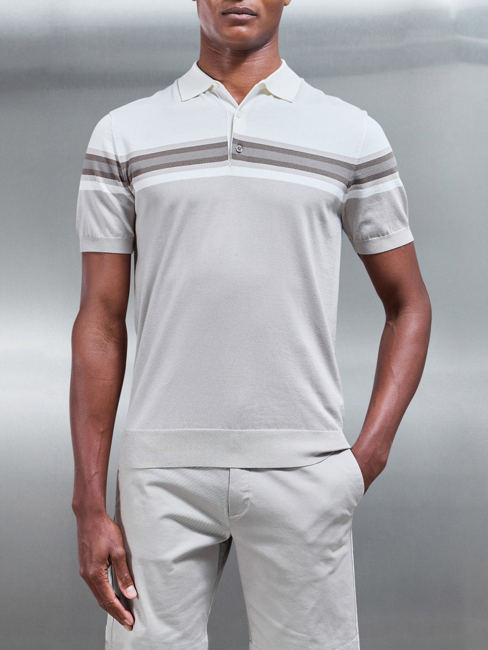 Cotton And Silk Colour Block Button Polo Shirt in Taupe