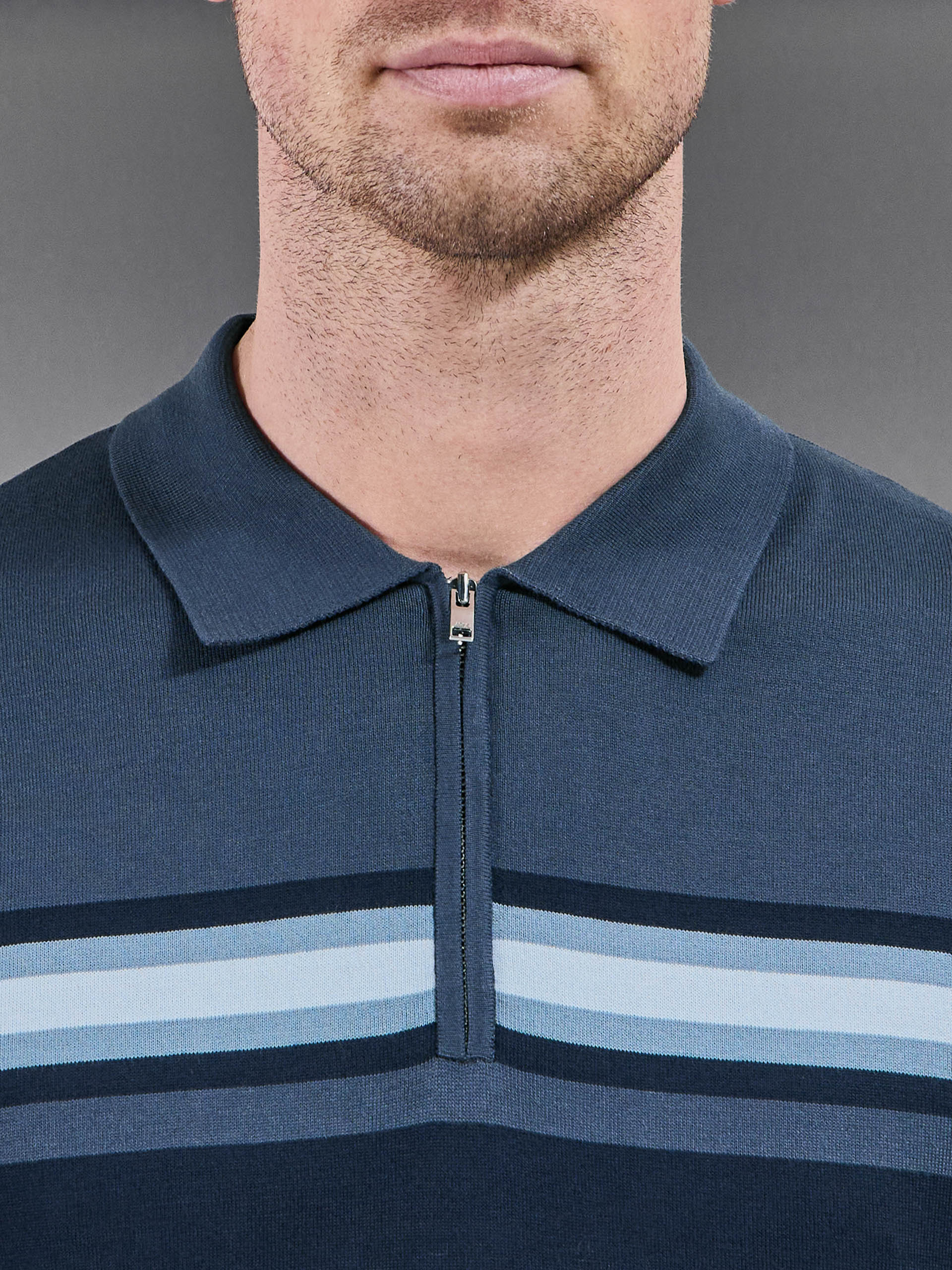 Cotton And Silk Colour Block Zip Polo Shirt in Navy