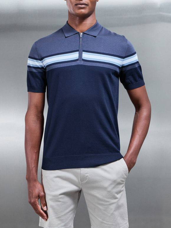 Cotton And Silk Colour Block Zip Polo Shirt in Navy